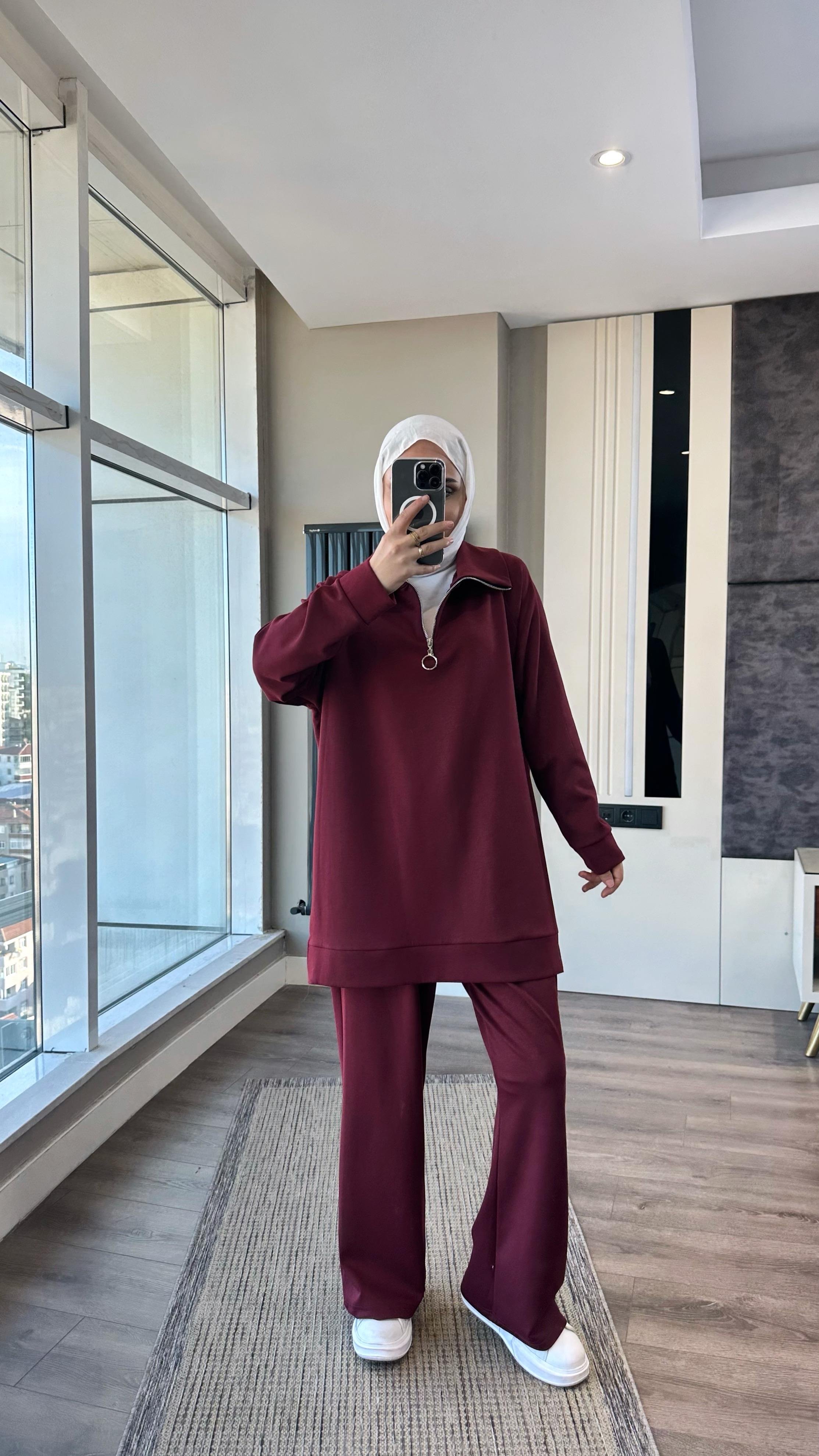 Yakası Fermuarlı Takım BordoDubaiShowroomTAKIM01020