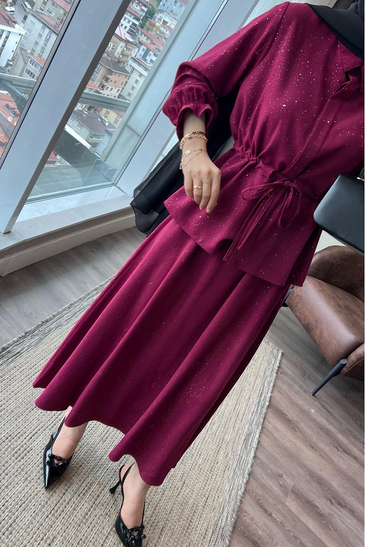 Beli tünelli simli ikili takım DubaiShowroomTAKIM01952