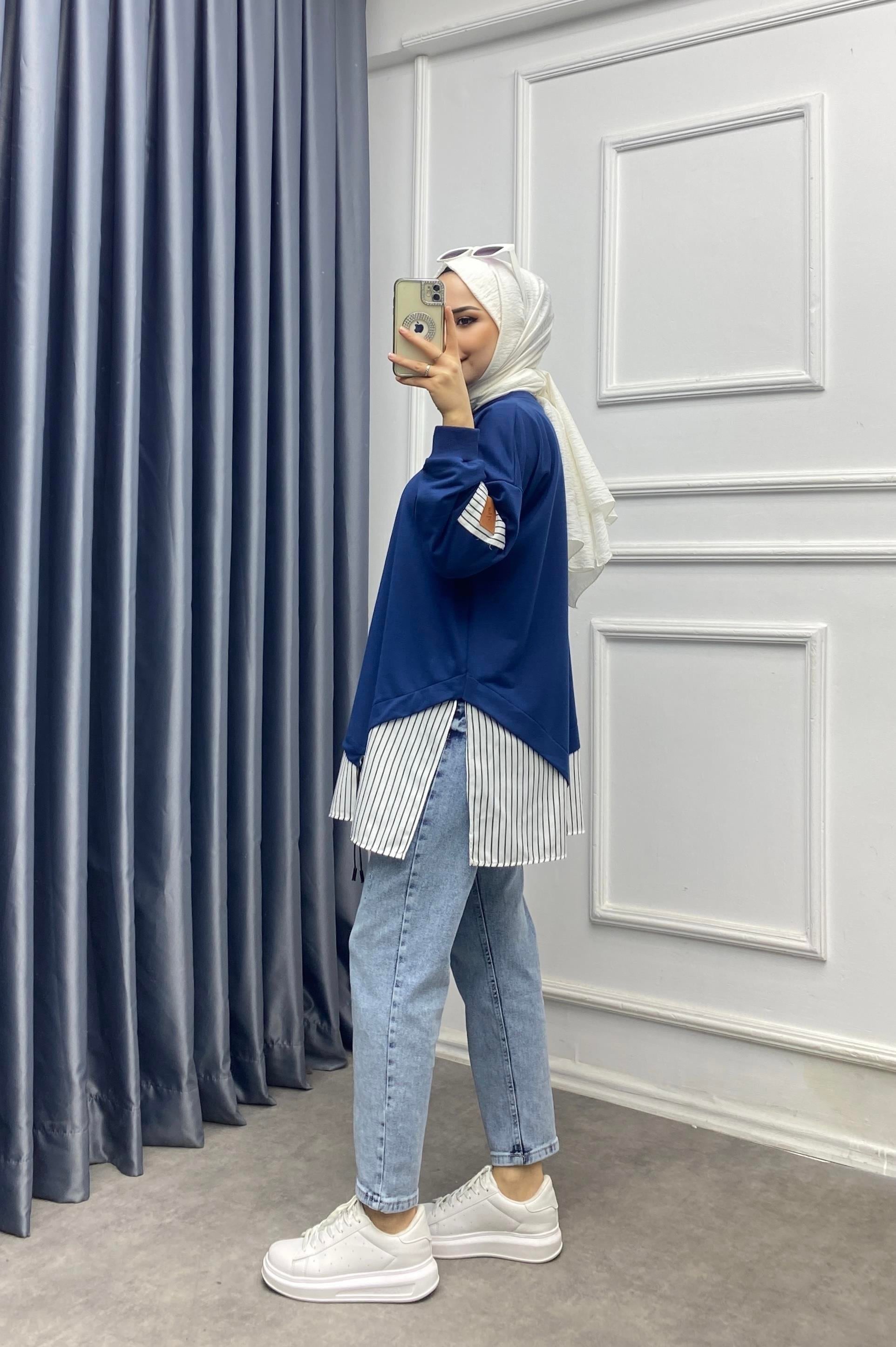 Eteği çizgili sweat Lacivert