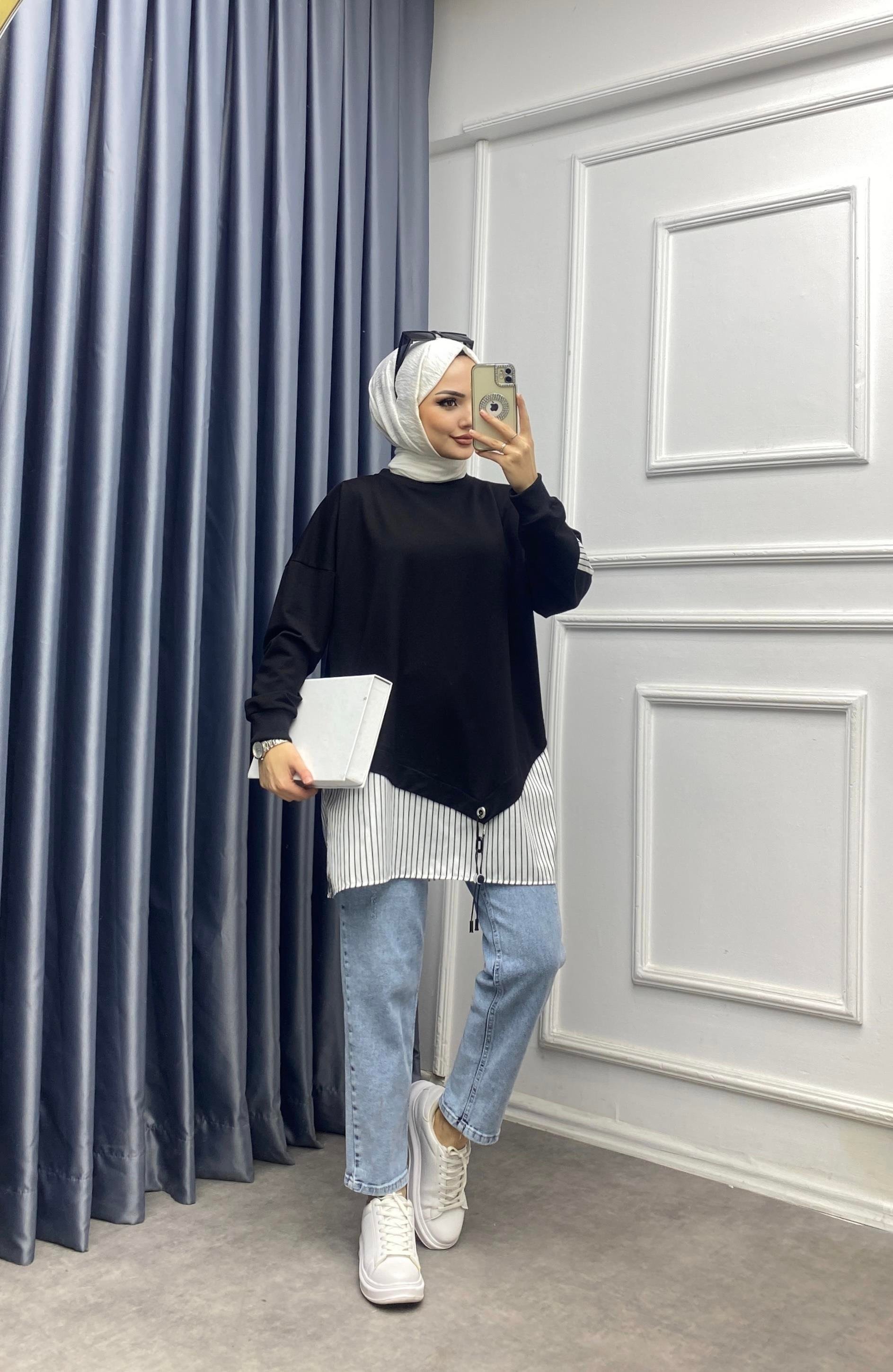 Eteği çizgili sweat siyah