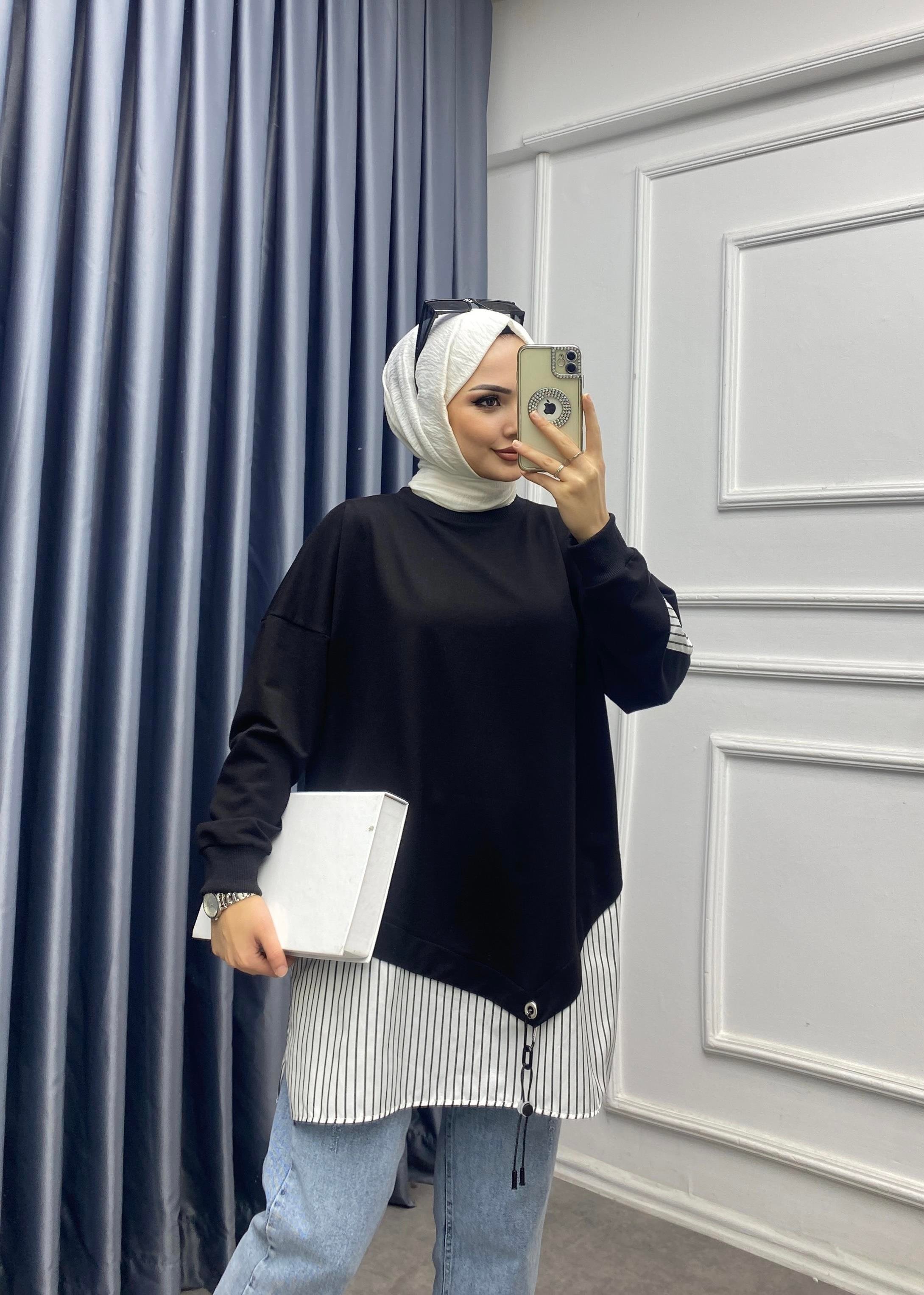Eteği çizgili sweat siyah