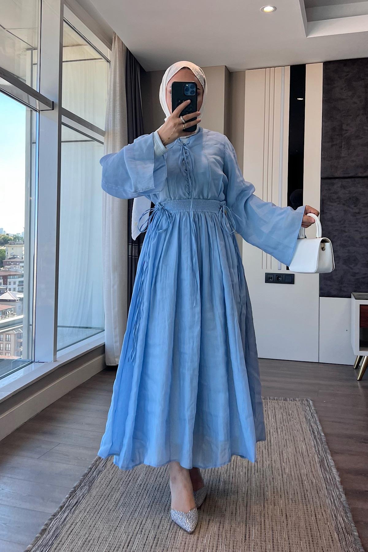 Örgü Yaka Etekli Takım MaviDubaiShowroomTAKIM02309-MAVİ