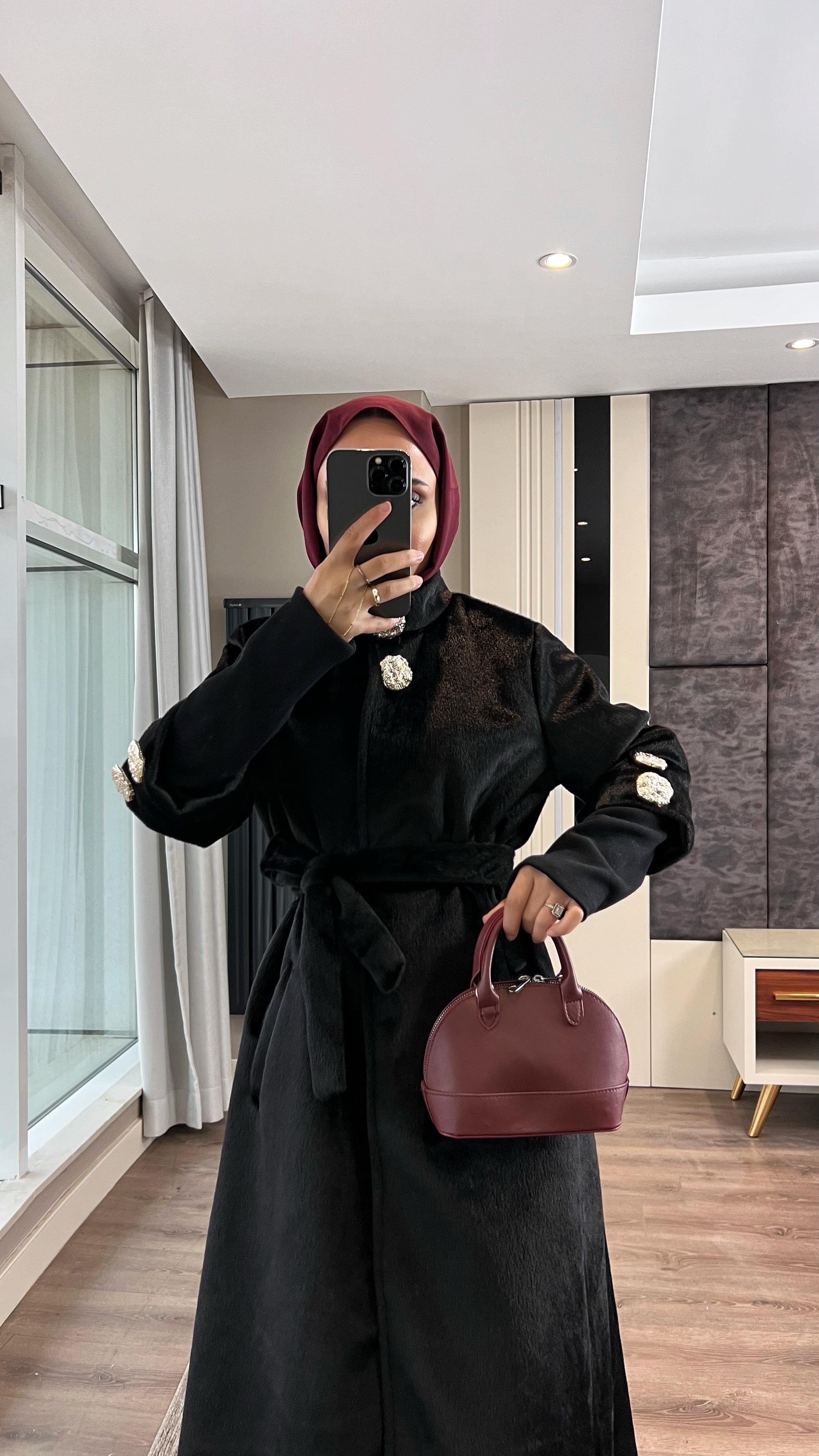 Kol Ribanalı Angora Kaban SiyahDubaiShowroomDIŞ GİYİM09159