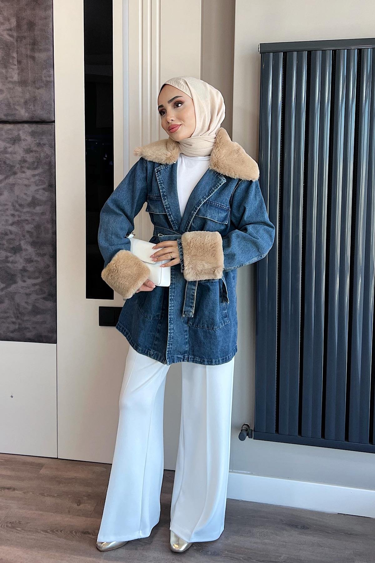 Seyyar Kürk Detaylı Kot Ceket DubaiShowroomDIŞ GİYİM81185