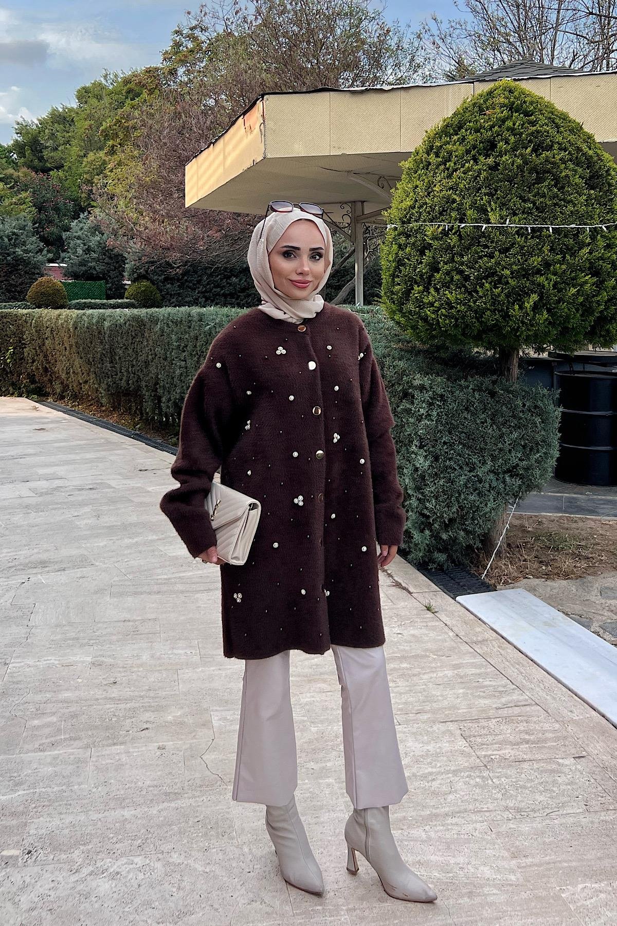 Angora İnci Taşlı Hırka KahverengiDubaiShowroomDIŞ GİYİM145120