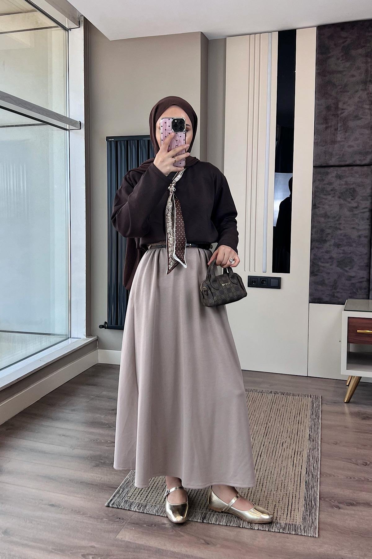 Beli Lastikli Etek BejDubaiShowroomALT GİYİM70048