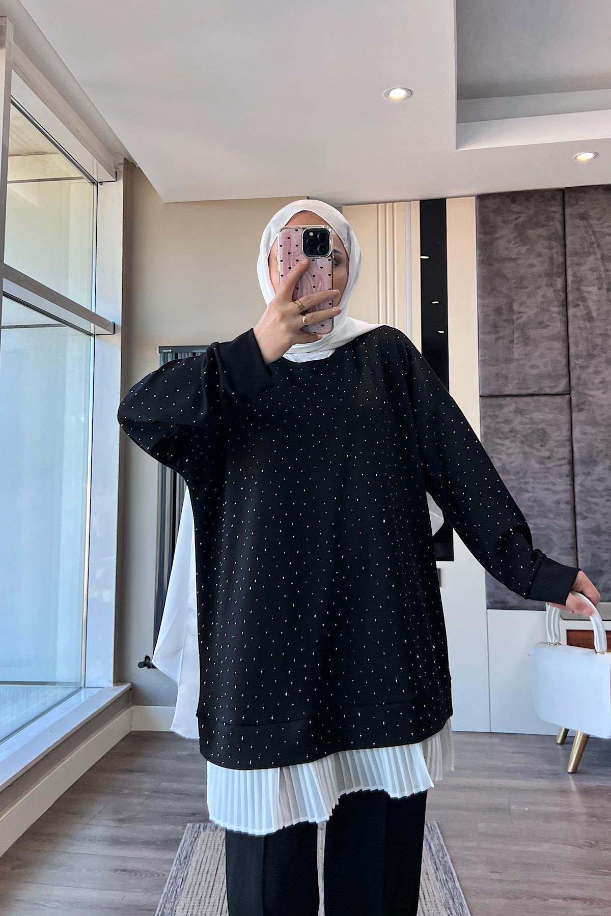 Altı Pileli Üzeri taşlı Takım SiyahDubaiShowroomTAKIM41654