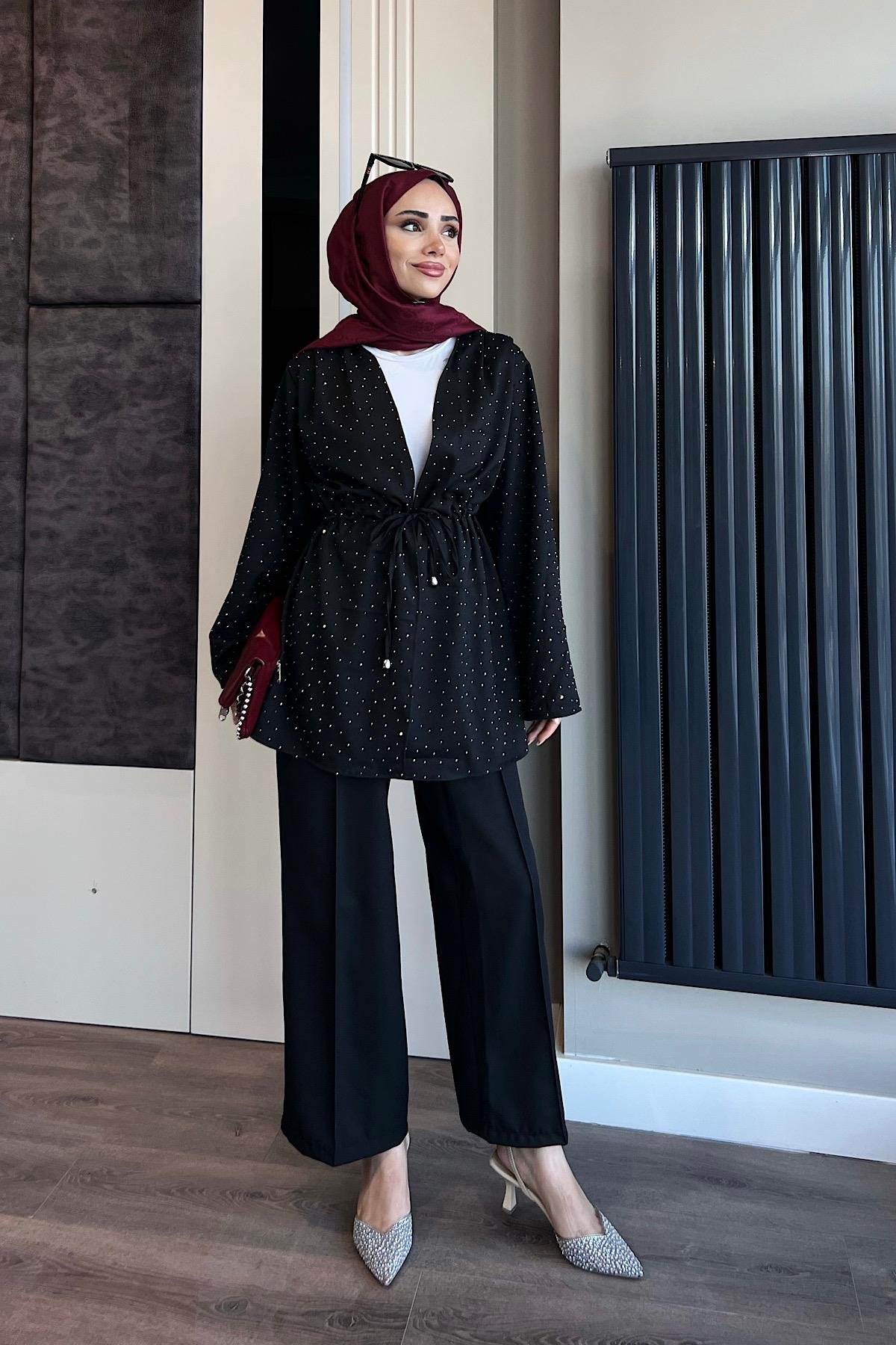 Üzeri Taşlı İkili Takım SiyahDubaiShowroomTAKIM04727-SYH