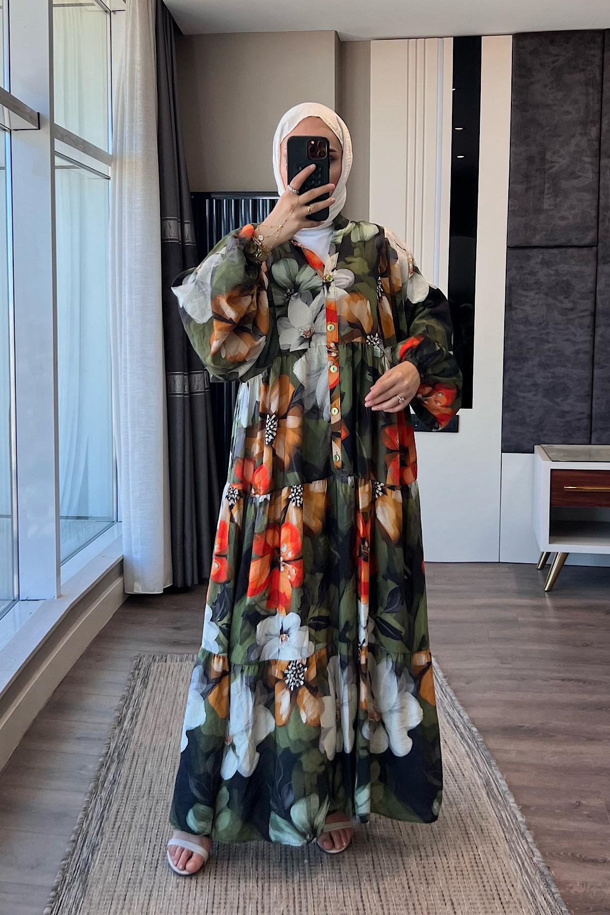 Çiçek desenli yarım patlı elbise YeşilDubaiShowroomELBİSELER01551