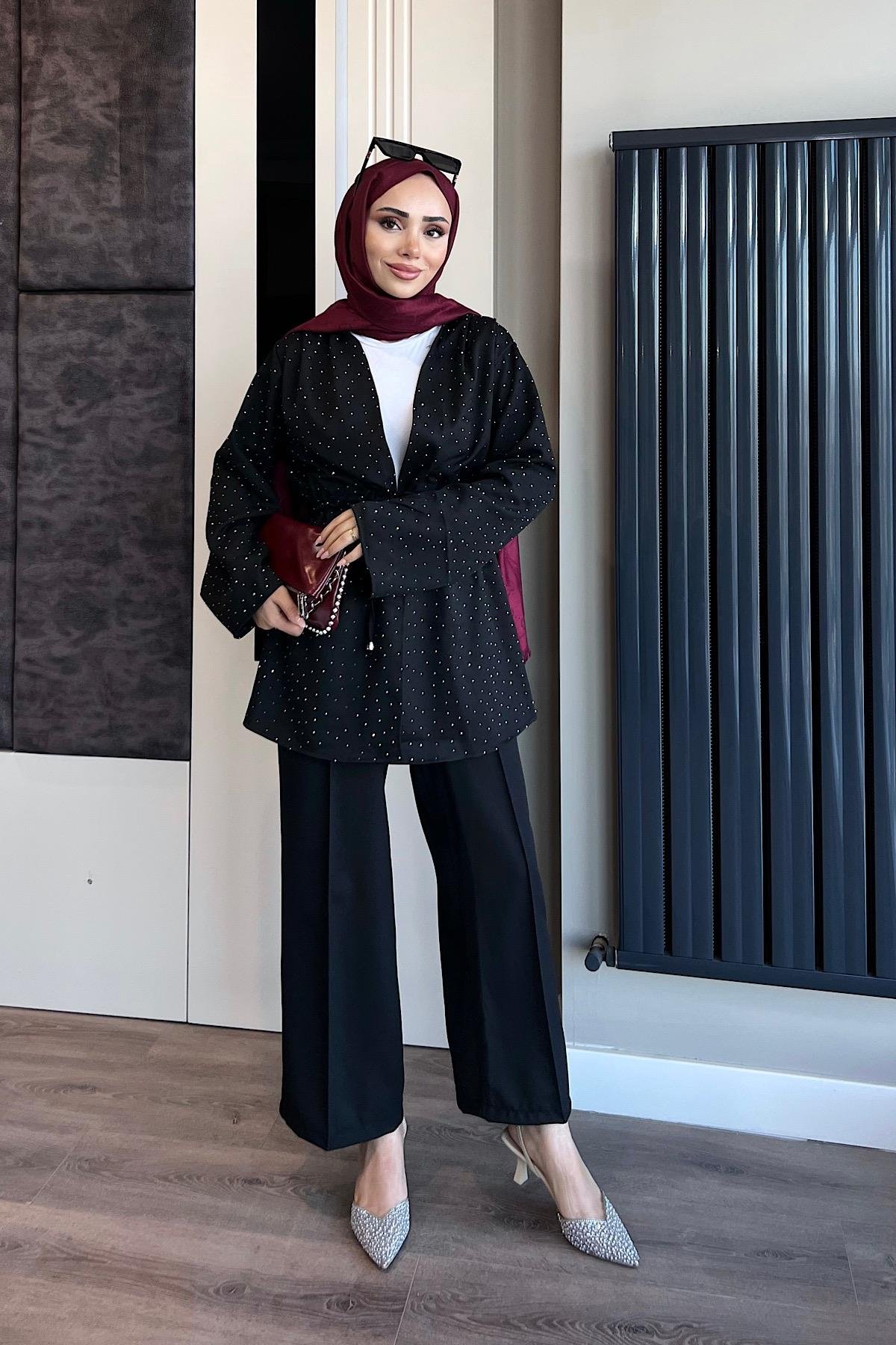 Üzeri Taşlı İkili Takım SiyahDubaiShowroomTAKIM04727-SYH
