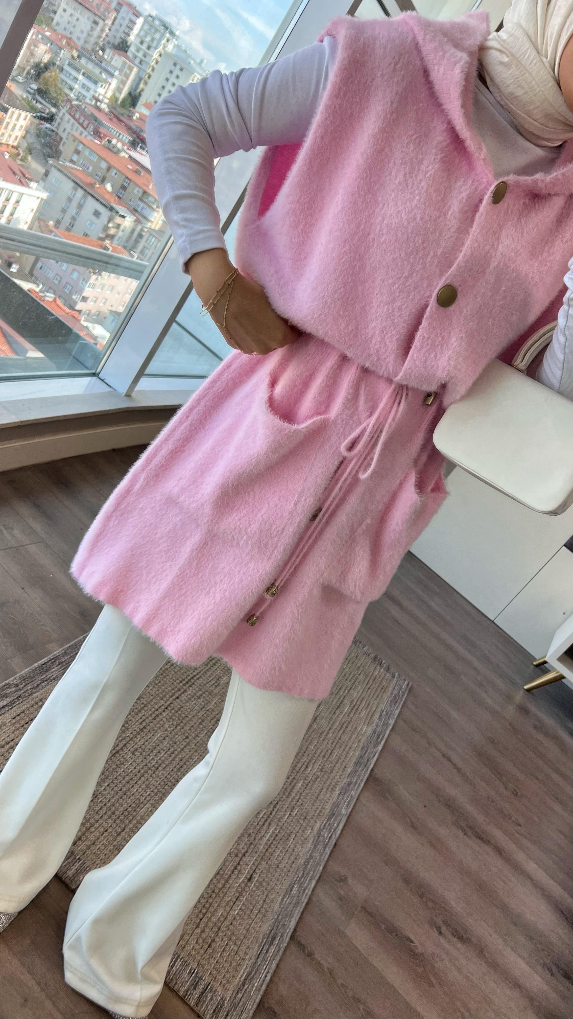 Kapşonlu Yumoş Yelek PembeDubaiShowroomDIŞ GİYİM25146