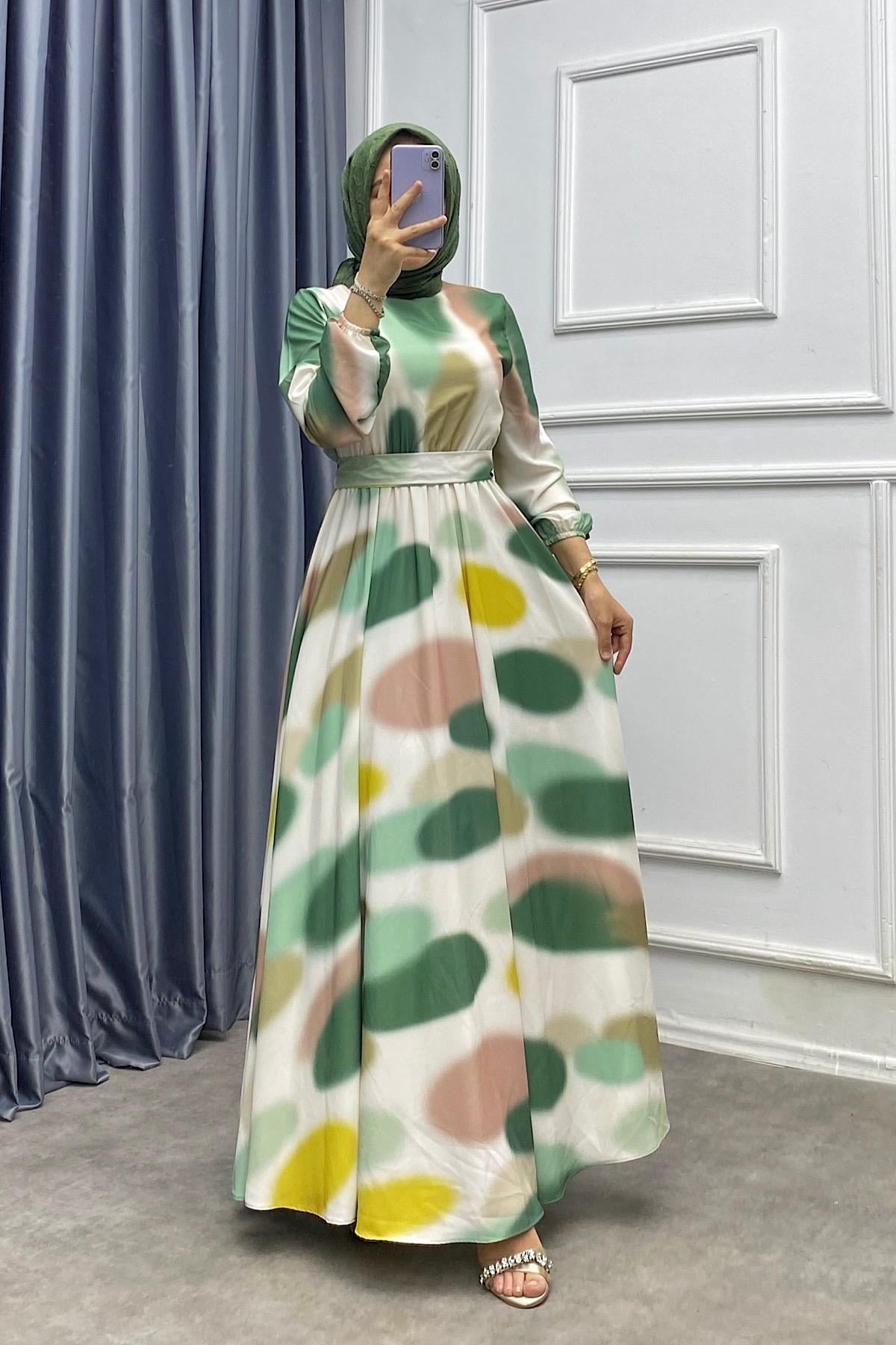 Fırça Desen Elbise Yeşil