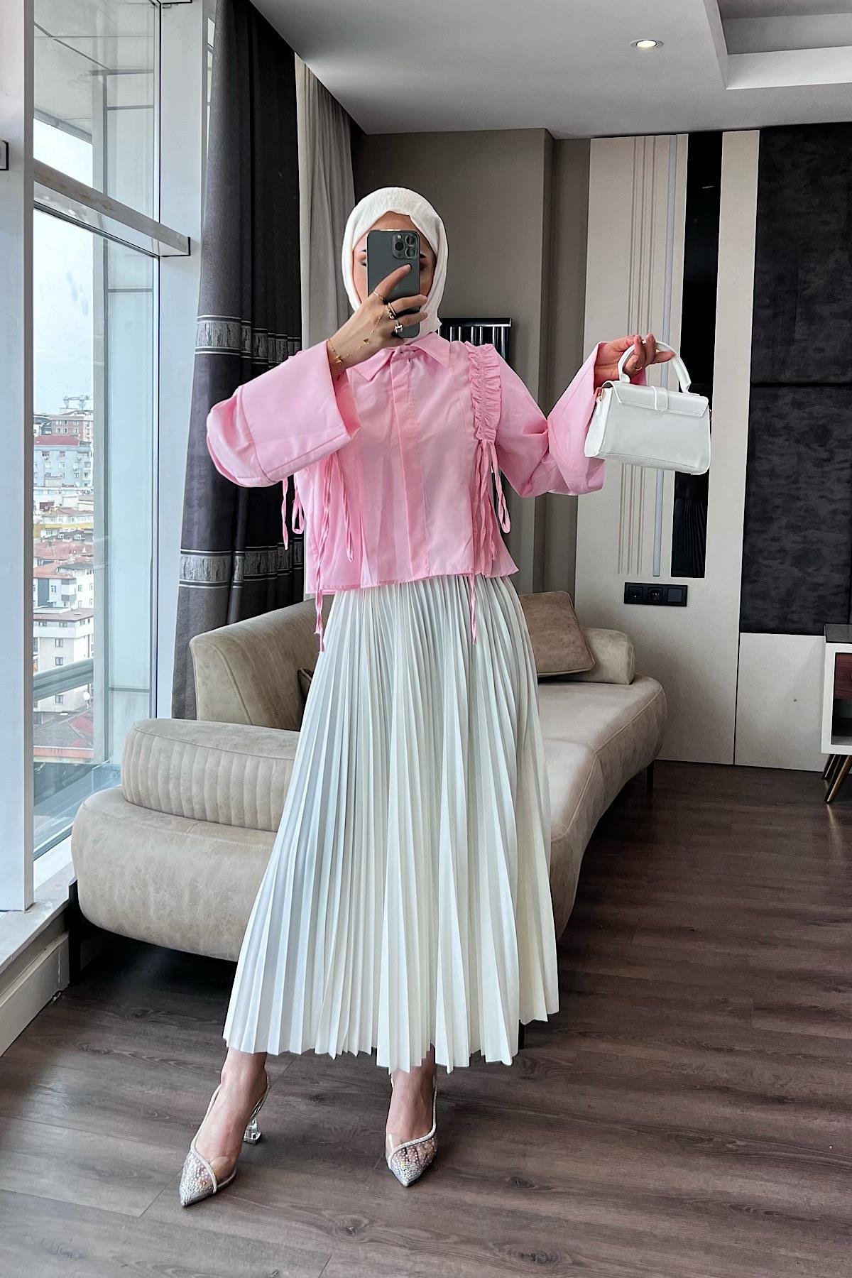 Fırfırlı Etek Üstü Gömlek Pembe