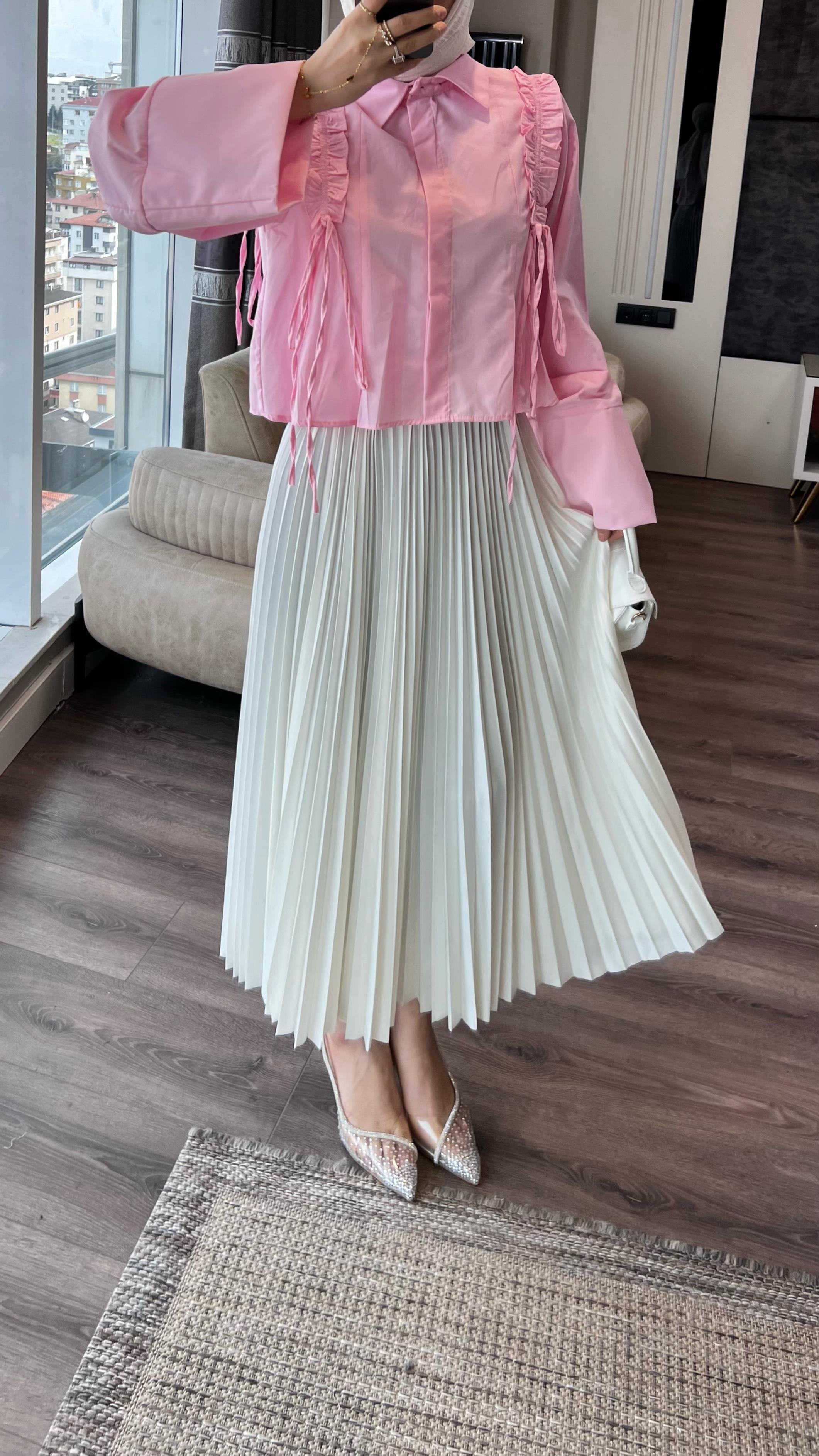 Fırfırlı Etek Üstü Gömlek Pembe