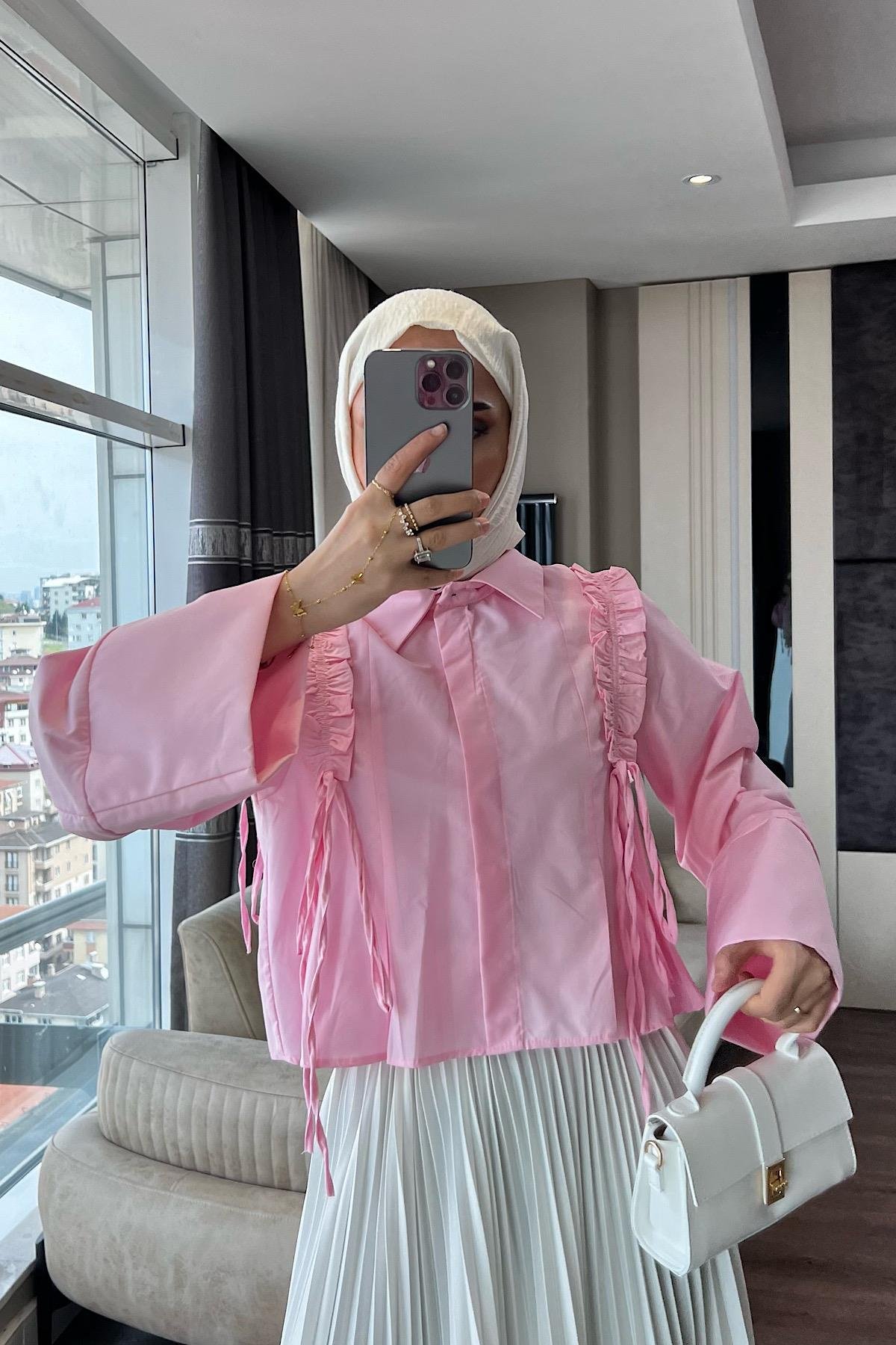 Fırfırlı Etek Üstü Gömlek Pembe