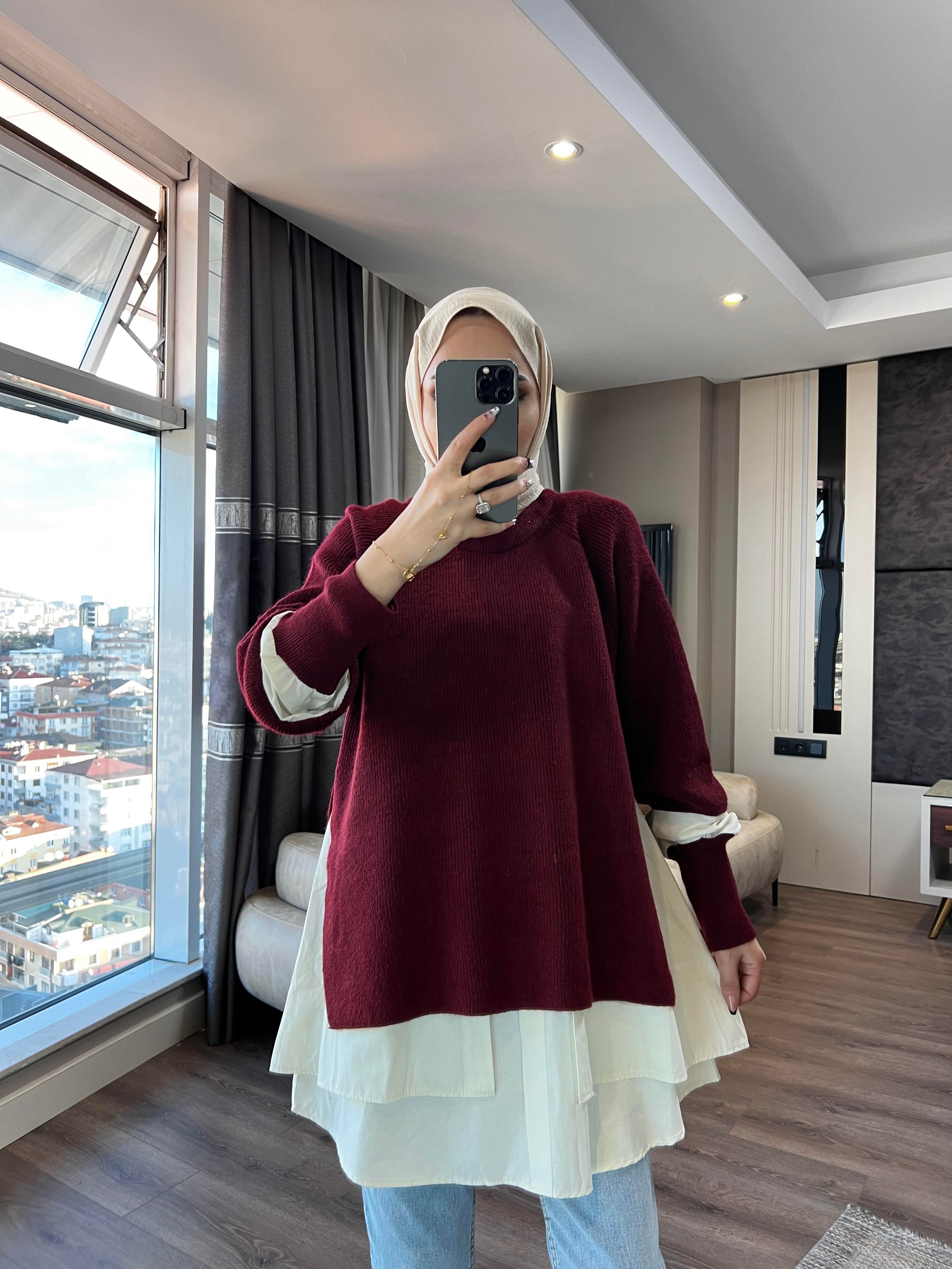 Gömlek Detaylı Triko Tunik Bordo