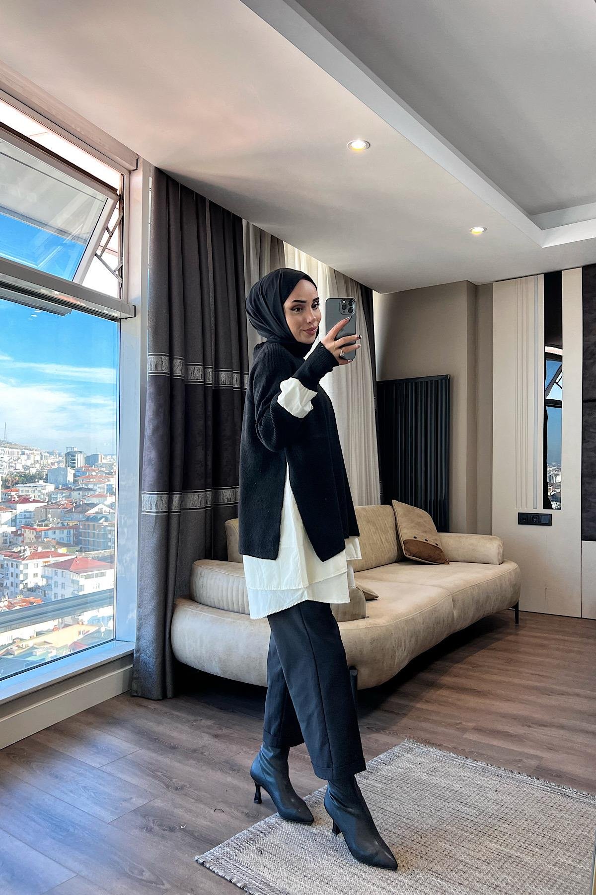 Gömlek Detaylı Triko Tunik Siyah 
