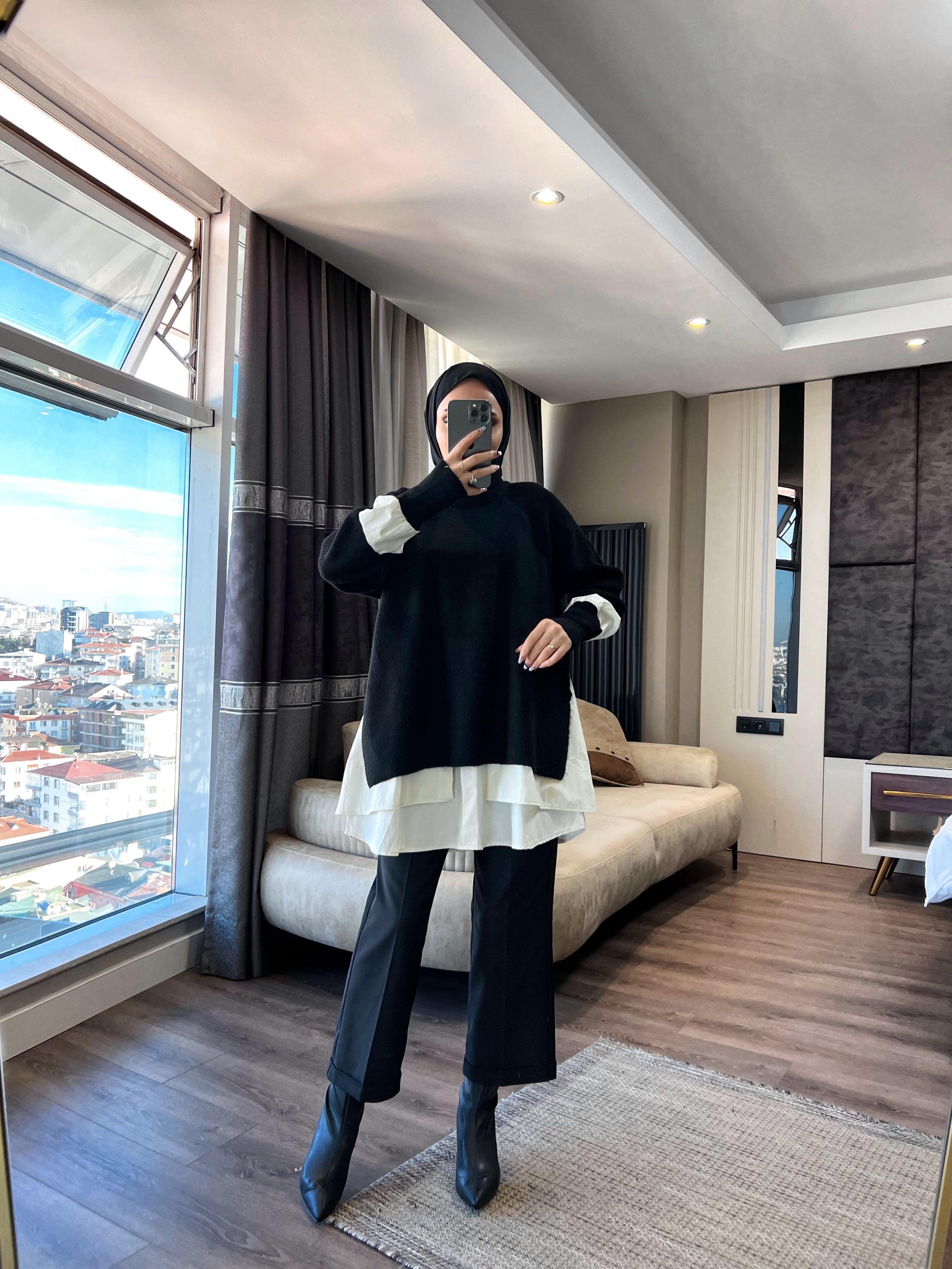 Gömlek Detaylı Triko Tunik Siyah 