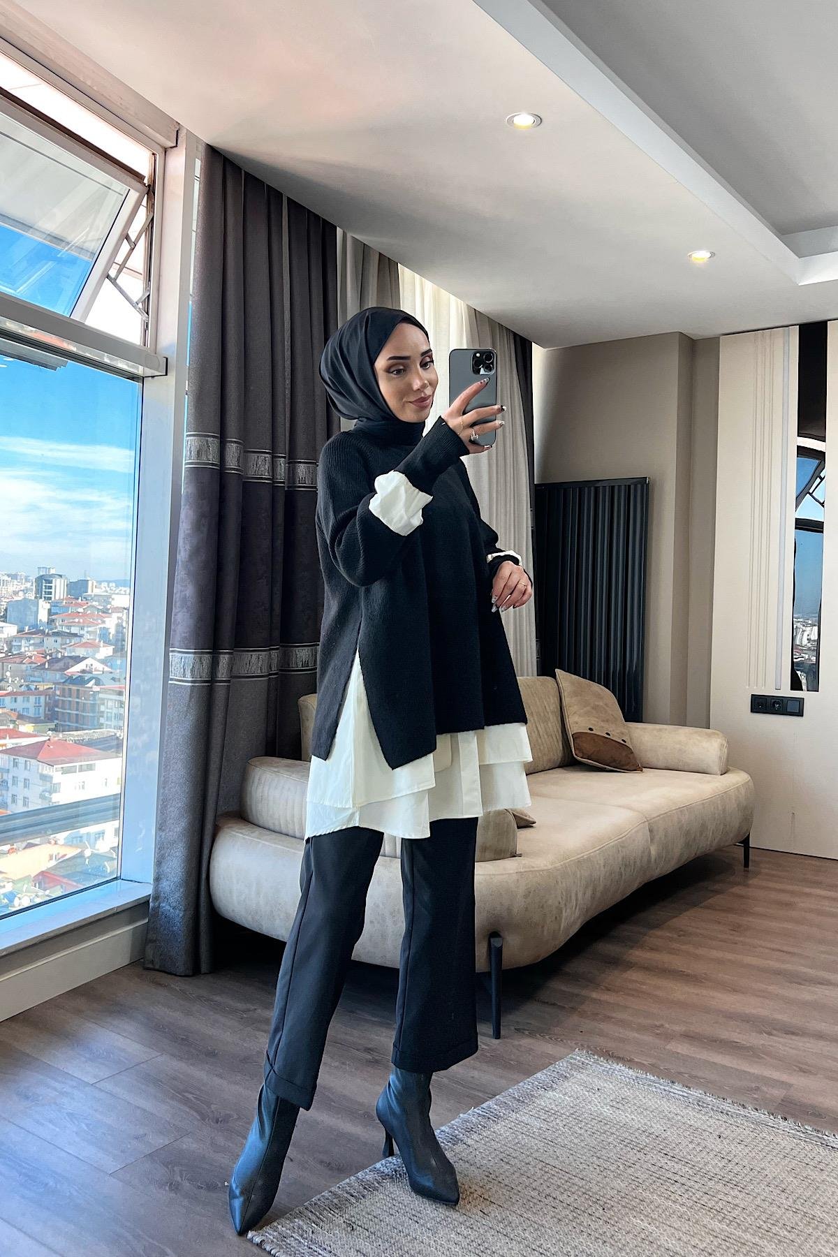 Gömlek Detaylı Triko Tunik Siyah 