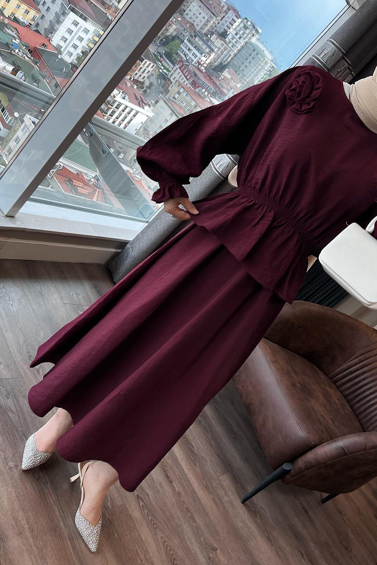 Gül Broşlu ikili takım bordo 
