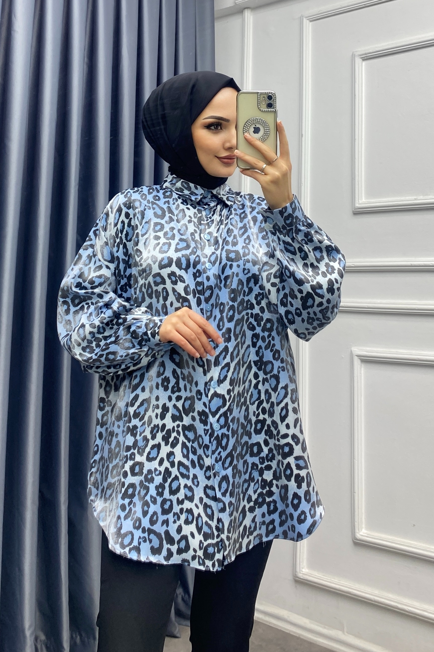 Işıltı Leopar Gömlek Mavi