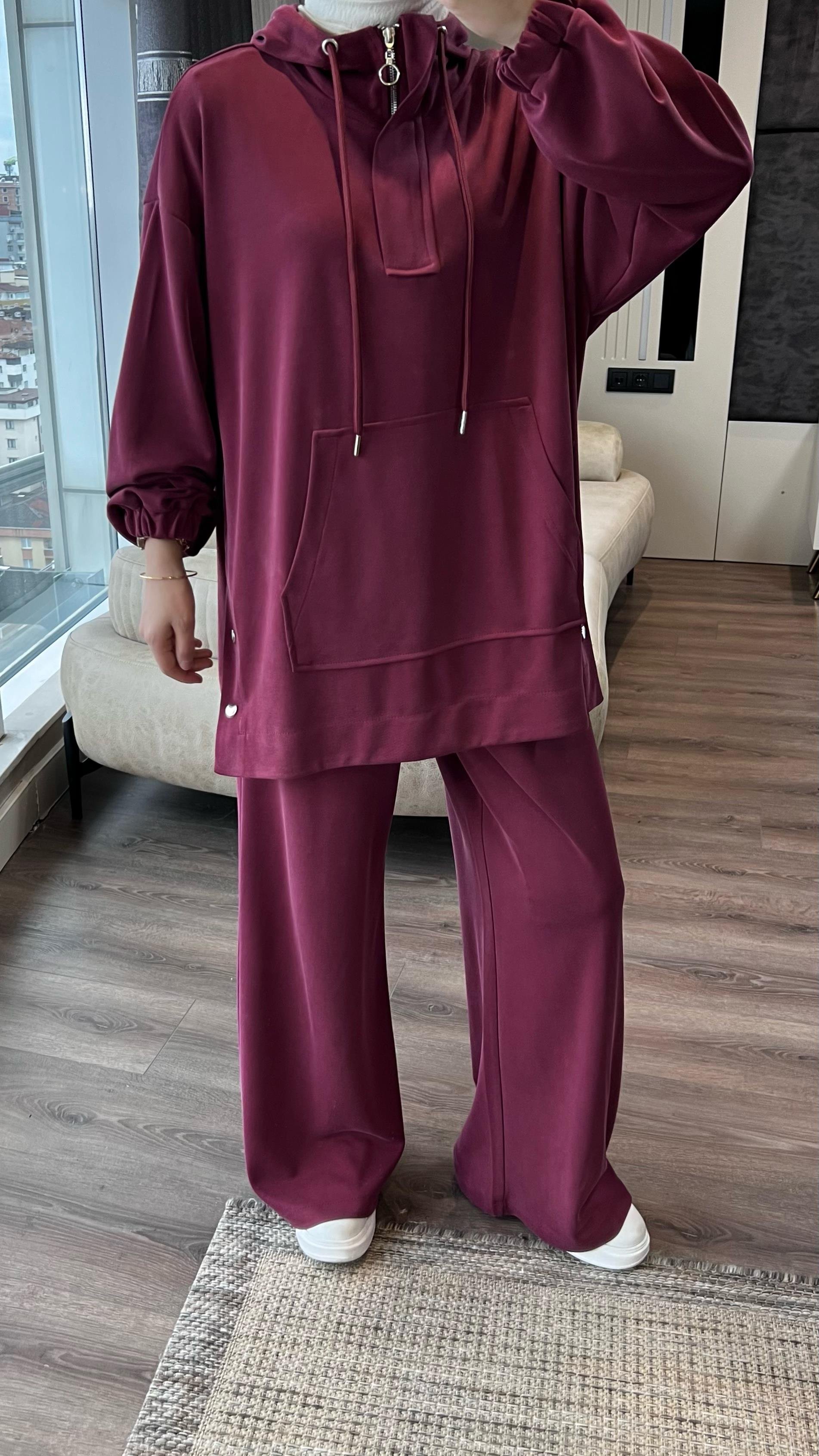 Kapşonlu Yanı Çıtçıtlı Modal Takım Bordo