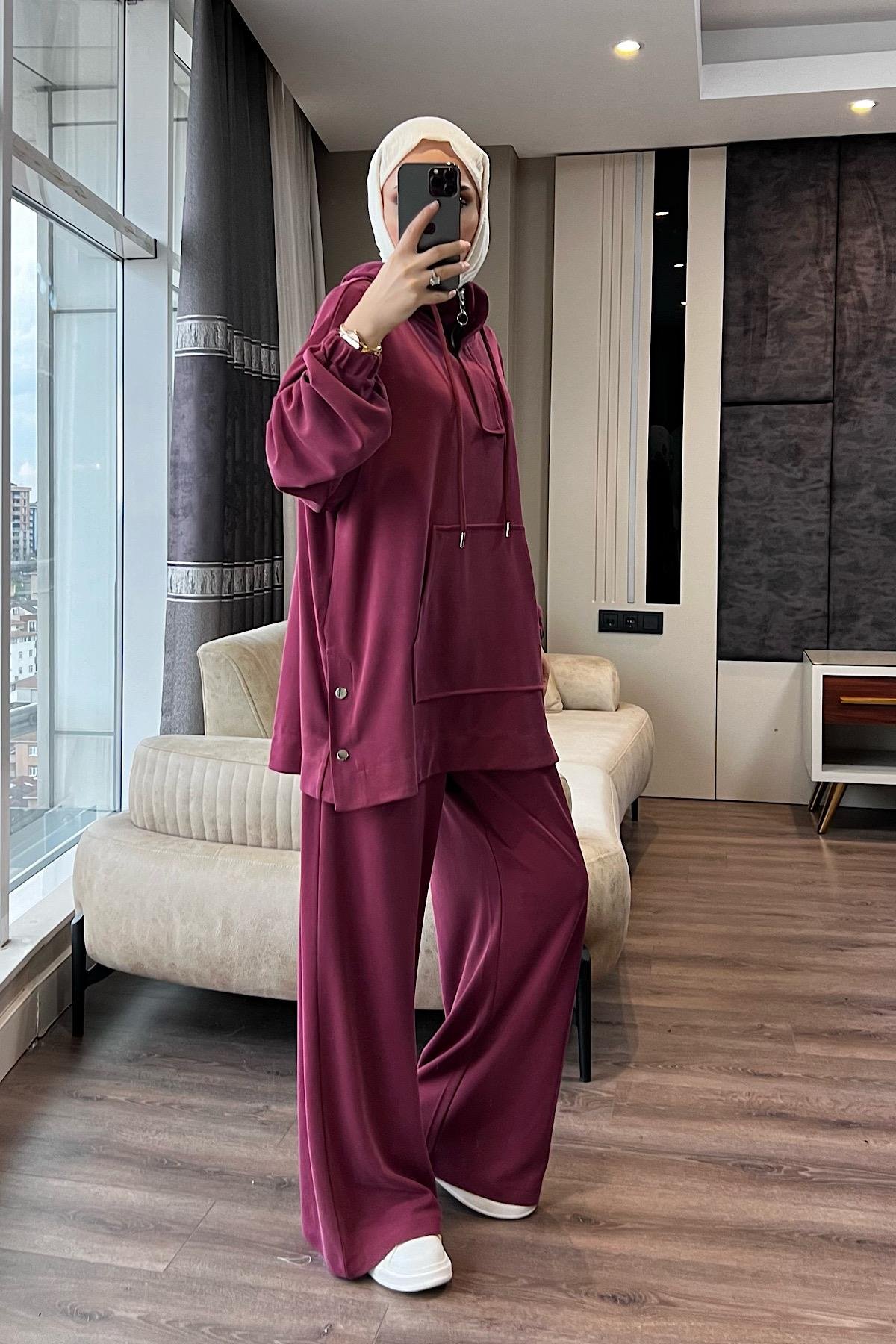 Kapşonlu Yanı Çıtçıtlı Modal Takım Bordo