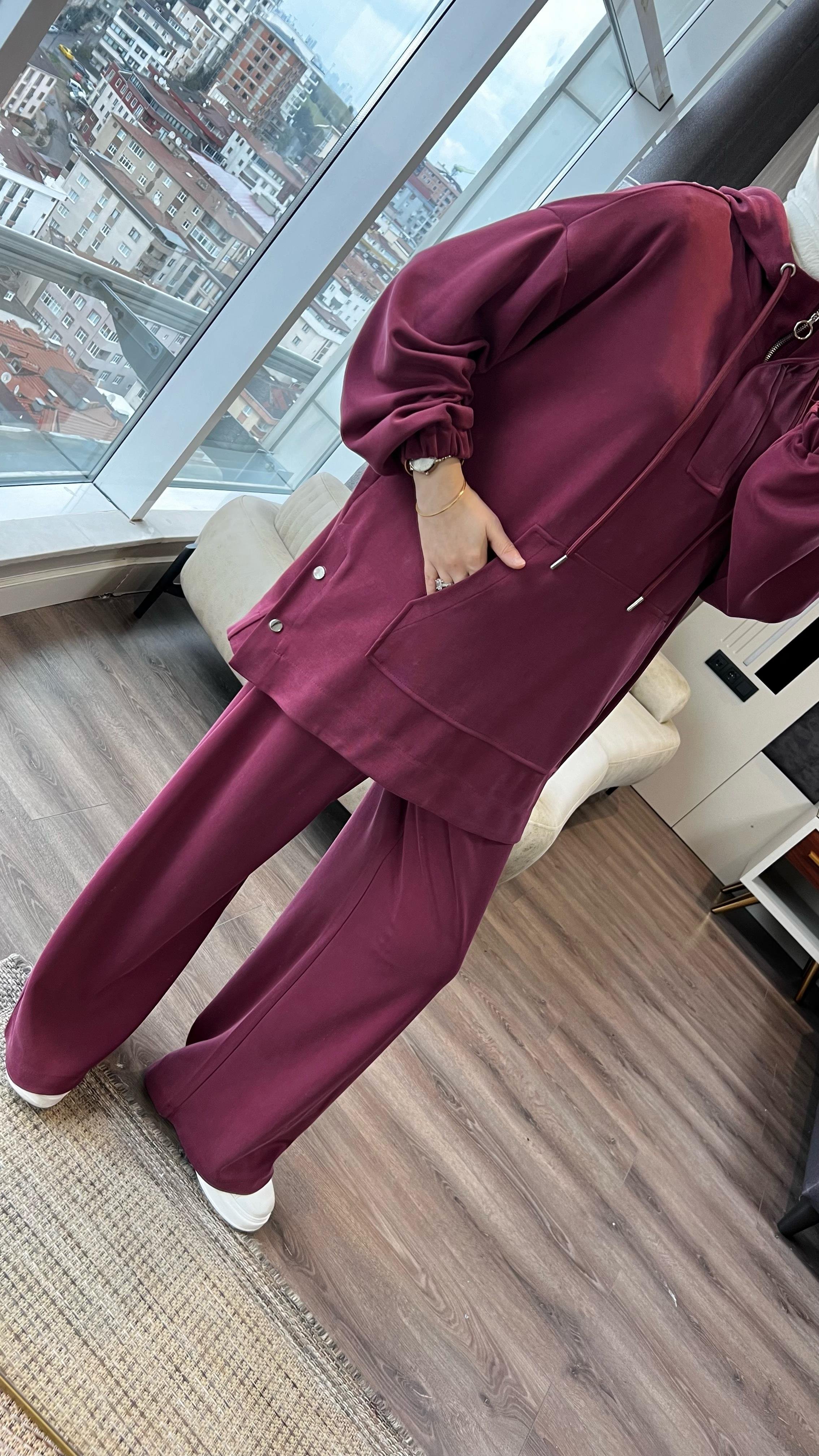 Kapşonlu Yanı Çıtçıtlı Modal Takım Bordo