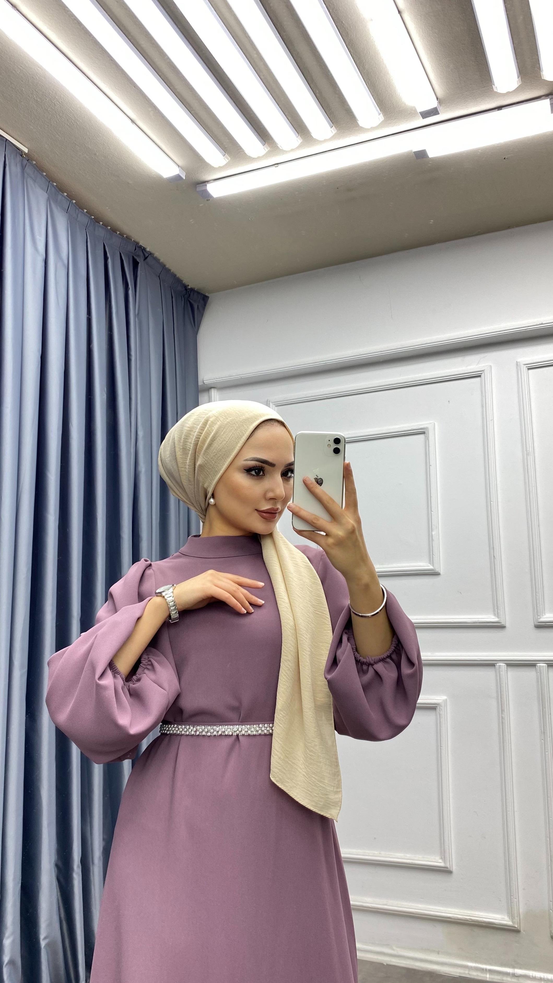 Kemeri inci detaylı balon Kol Elbise Gül kurusu