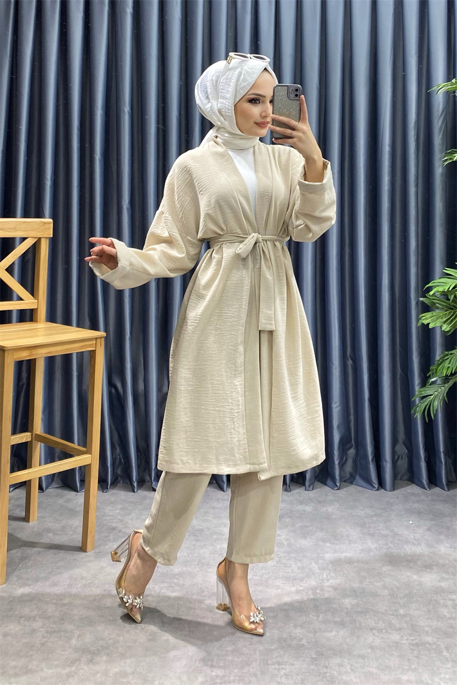 Kimonolu keten takım taş 