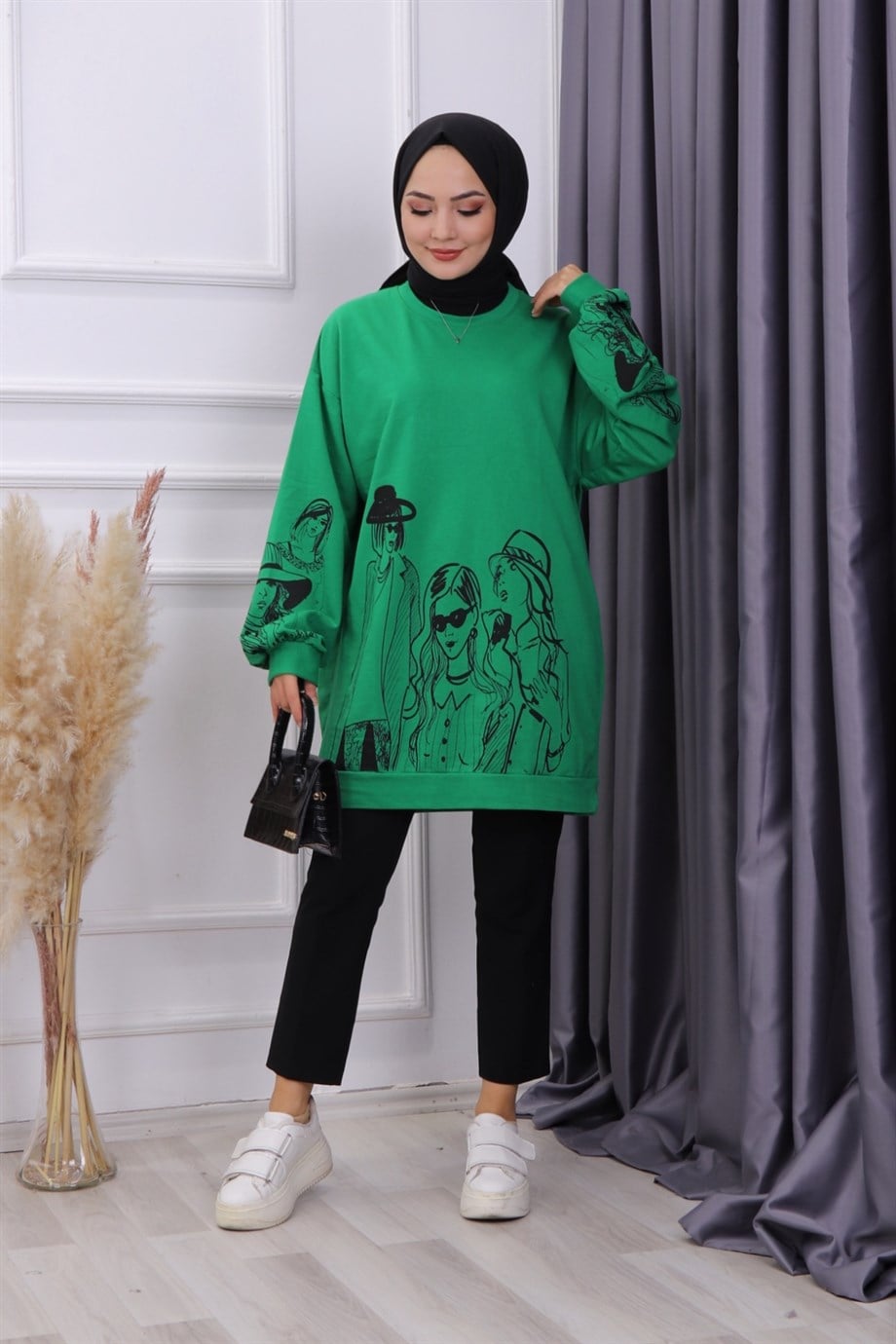 KIZ BASKILI SWEAT YEŞİL