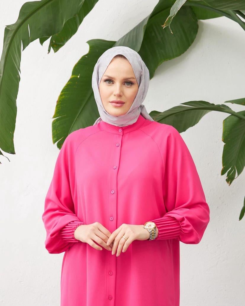 Kol ucu pileli tunik Pembe