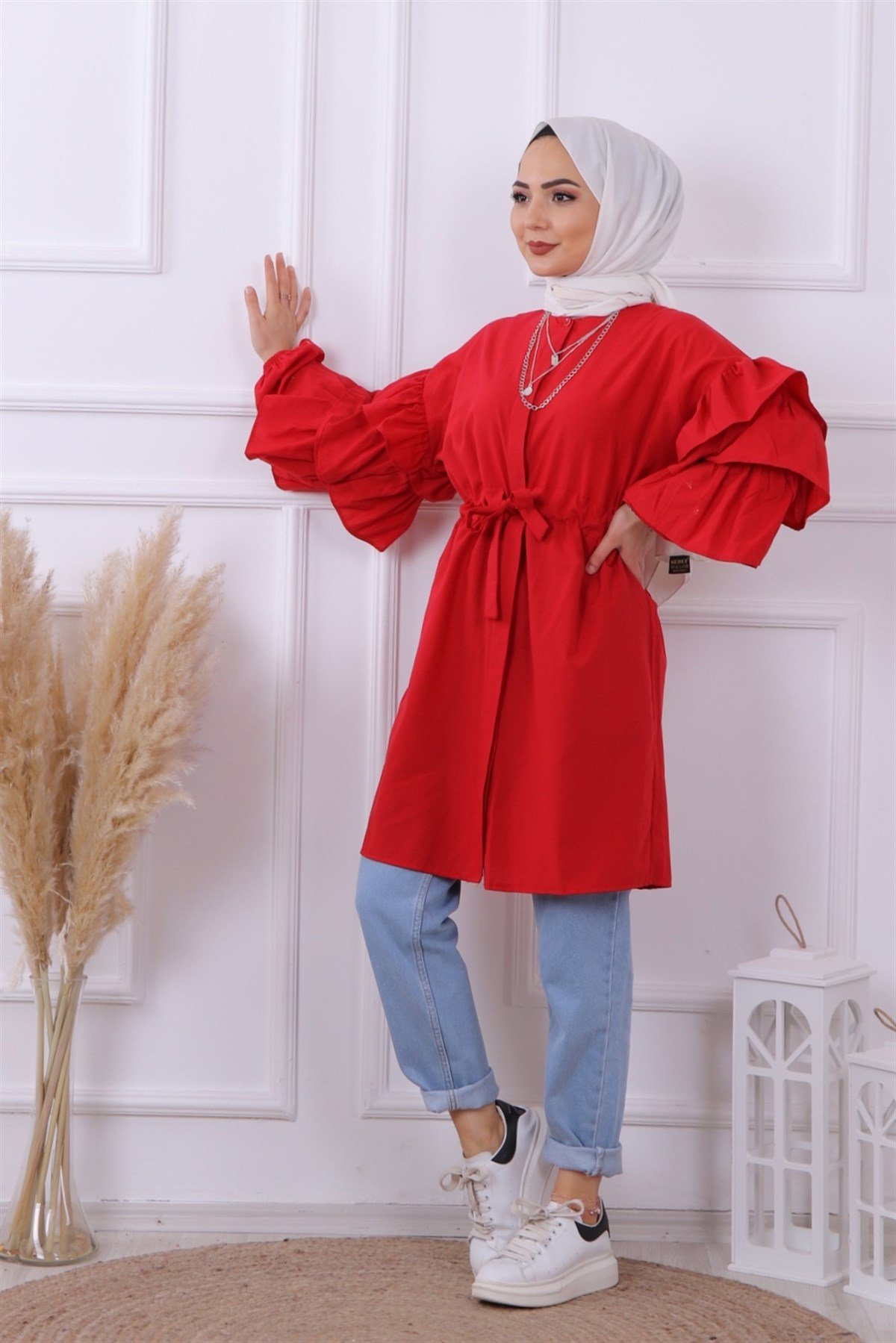 kolu kat kat tunik kırmızı
