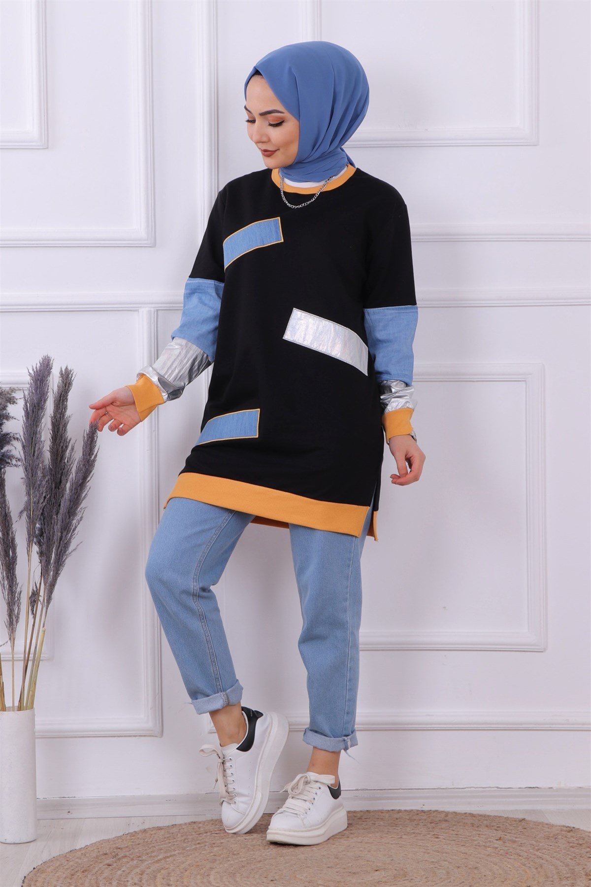 kot detaylı sweat siyah