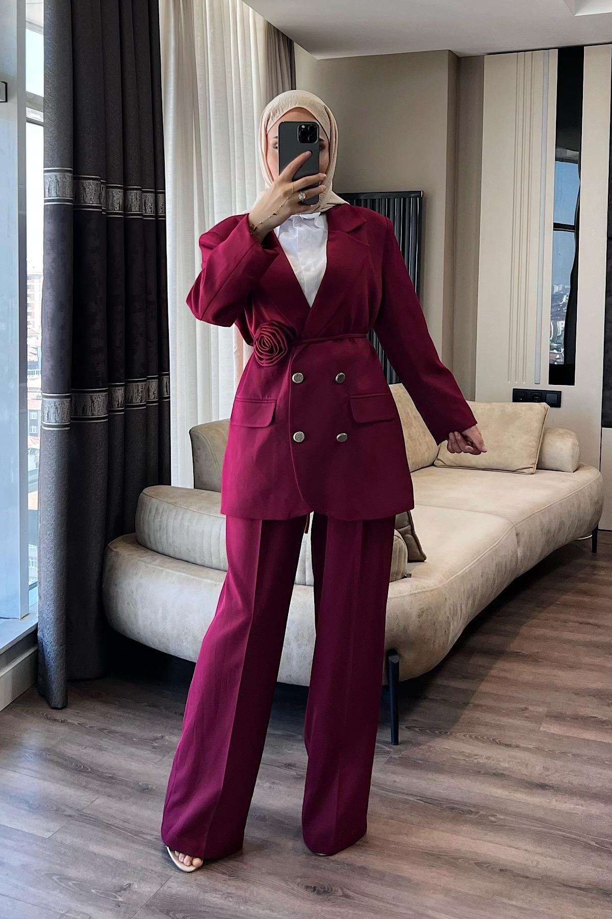 Kuşağı Gül detaylı takım Bordo 
