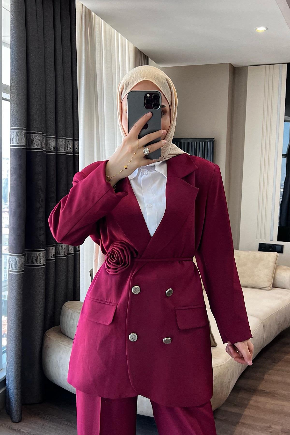 Kuşağı Gül detaylı takım Bordo 