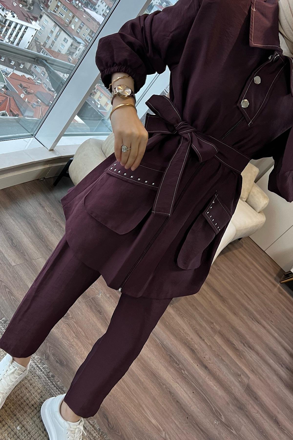 Kuşaklı ikili Takım Bordo