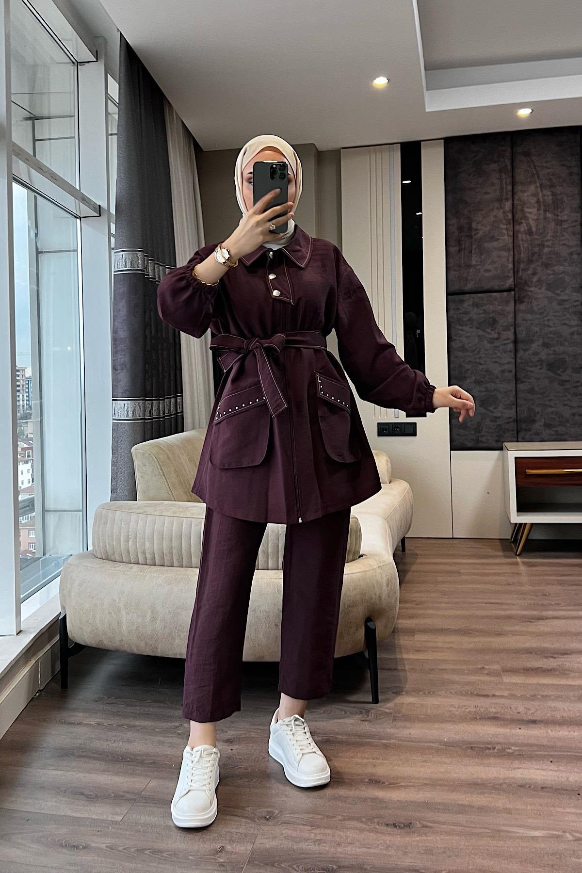 Kuşaklı ikili Takım Bordo