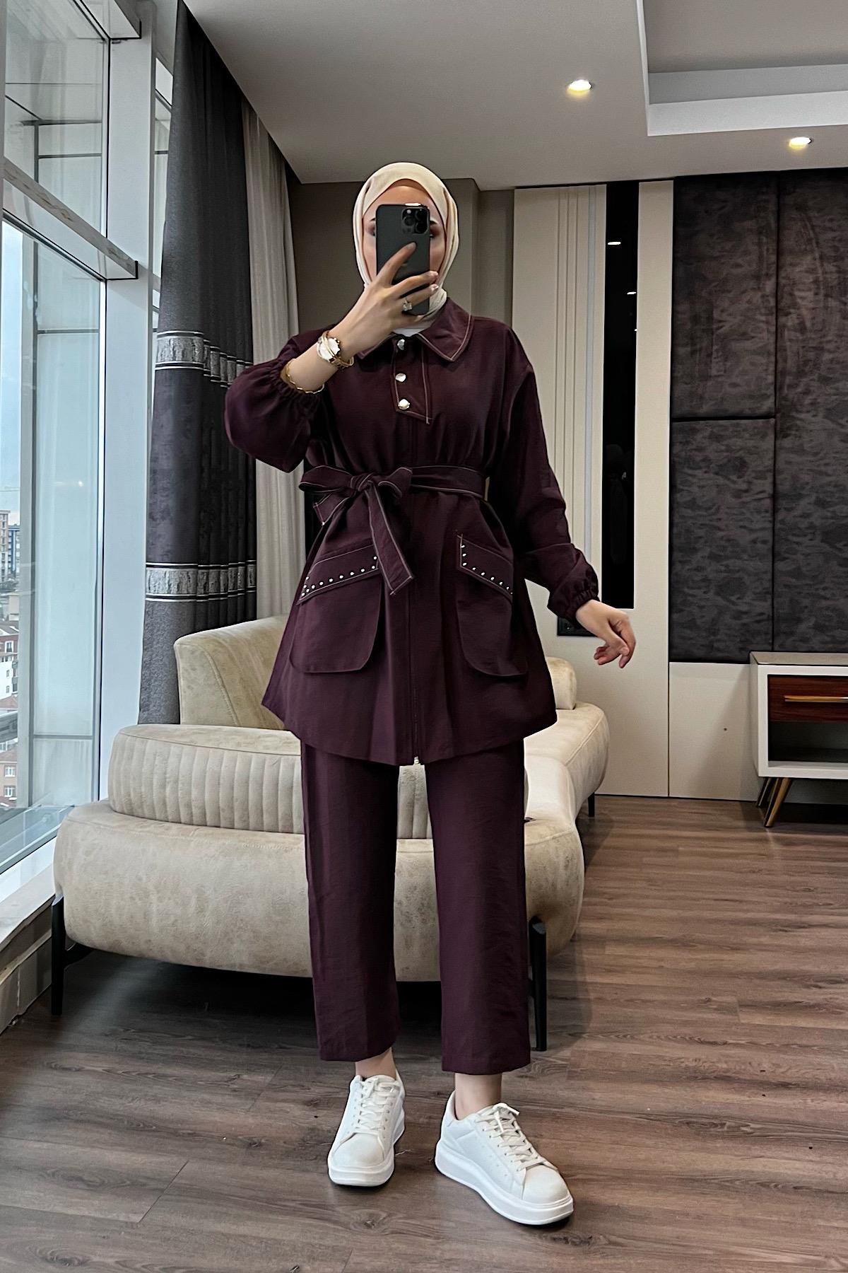 Kuşaklı ikili Takım Bordo