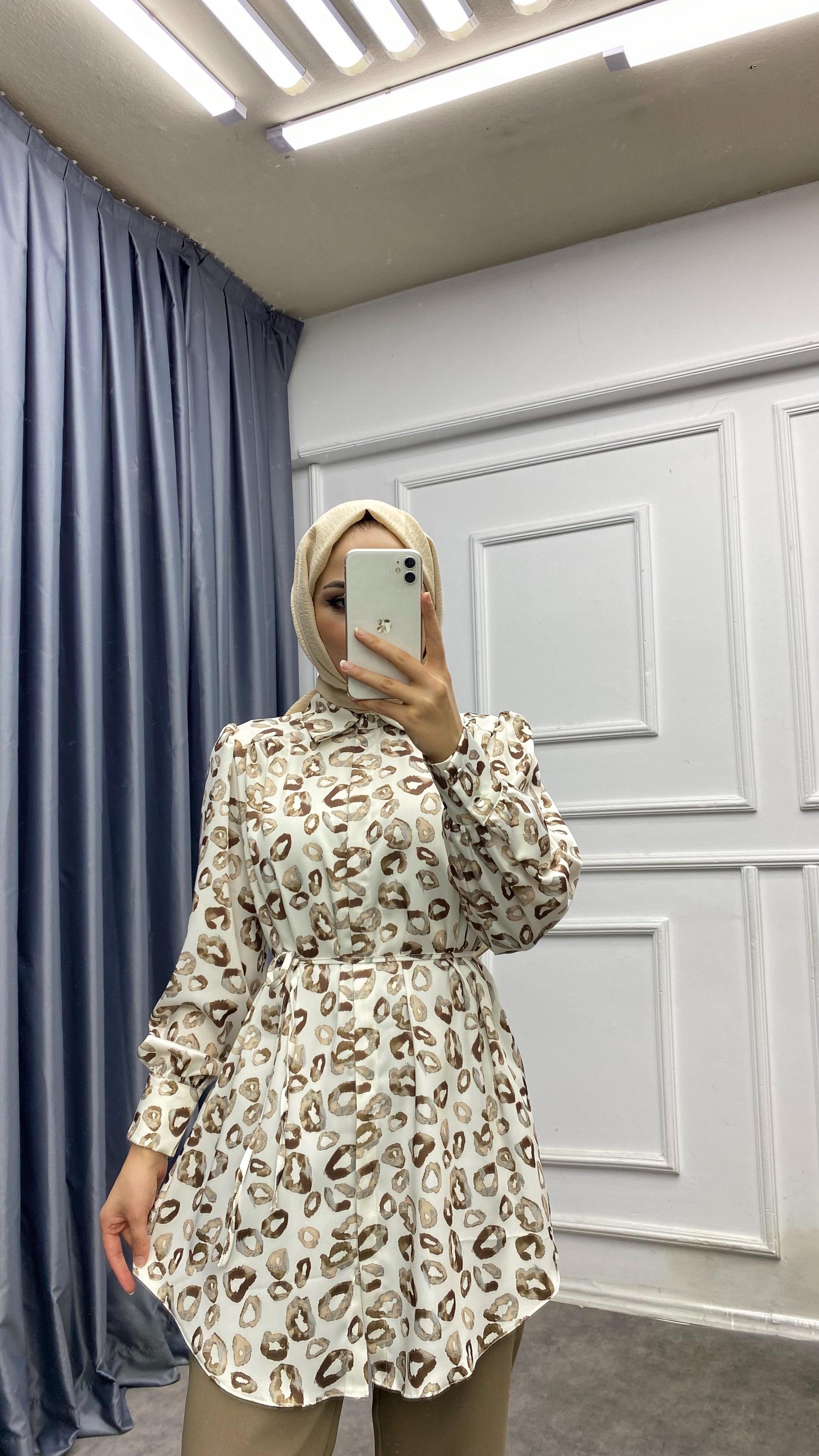 Leopar Desen Saten Takım Vizon