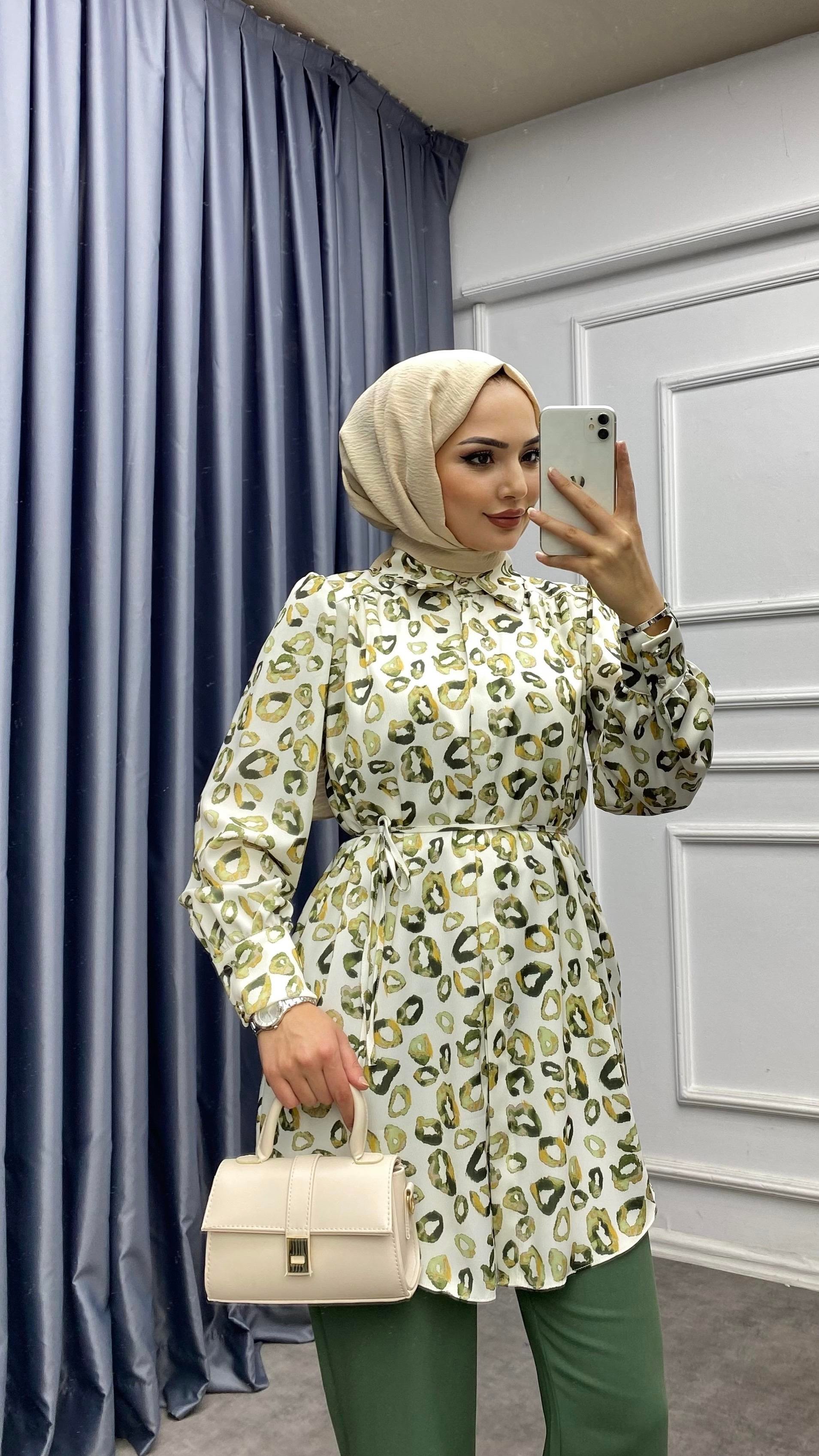 Leopar Desen Saten Takım Yeşil
