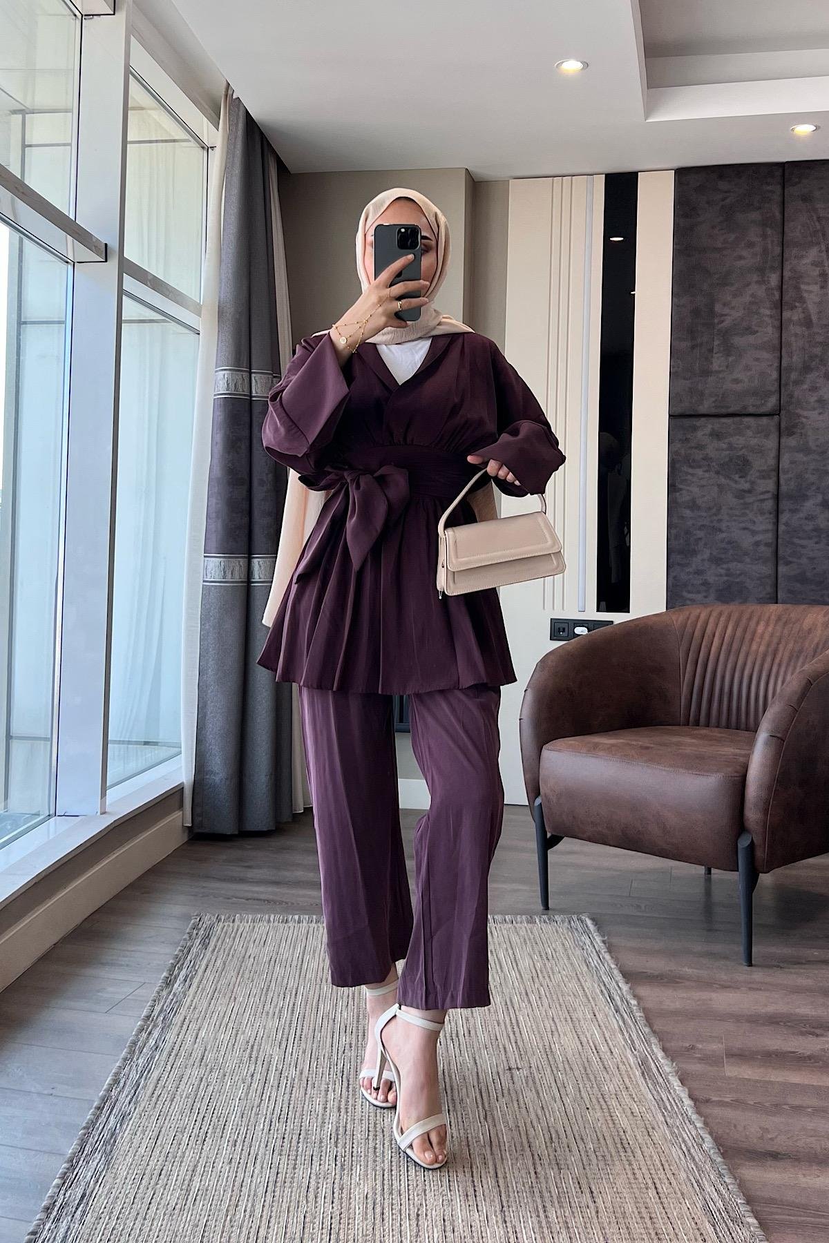 Modal Kumaş Geniş Kuşaklı Takım Bordo