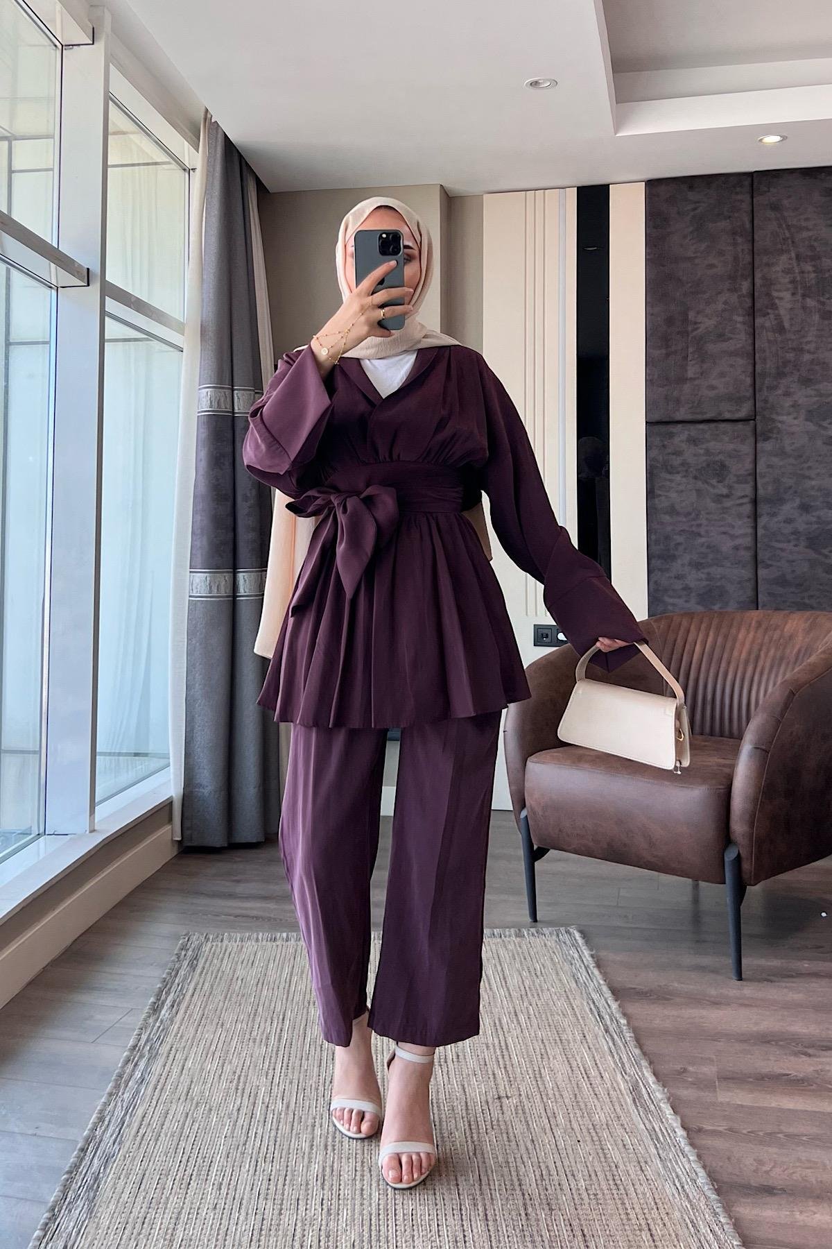 Modal Kumaş Geniş Kuşaklı Takım Bordo