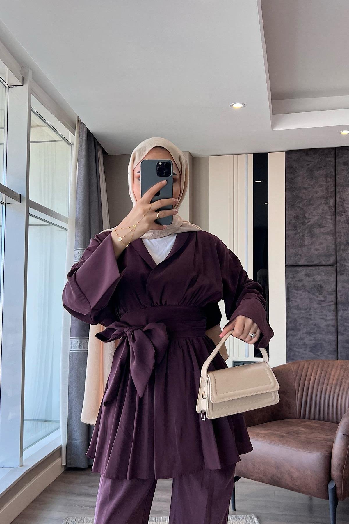 Modal Kumaş Geniş Kuşaklı Takım Bordo