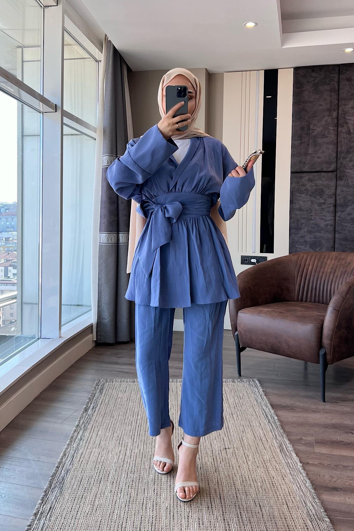Modal Kumaş Geniş Kuşaklı Takım Mavi