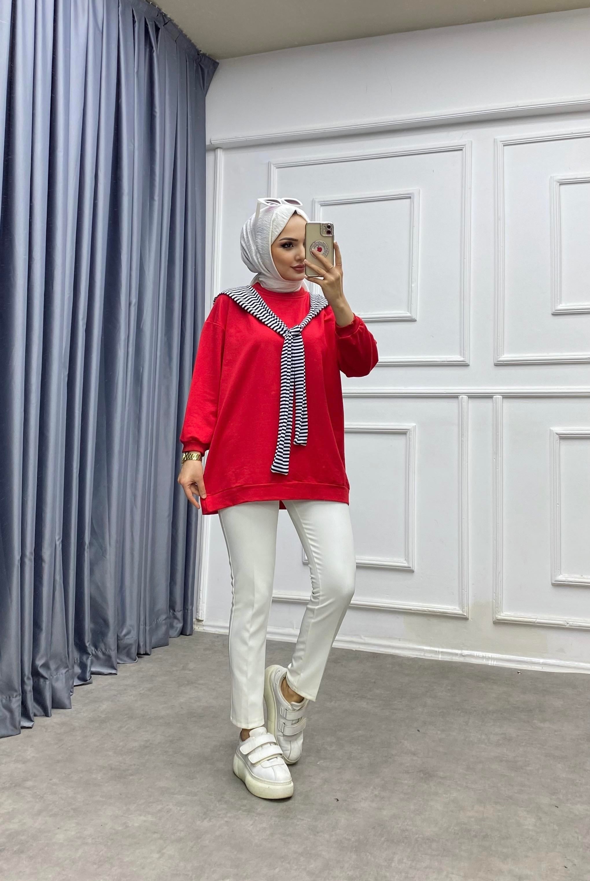 Omuzu Fularlı sweat kırmızı