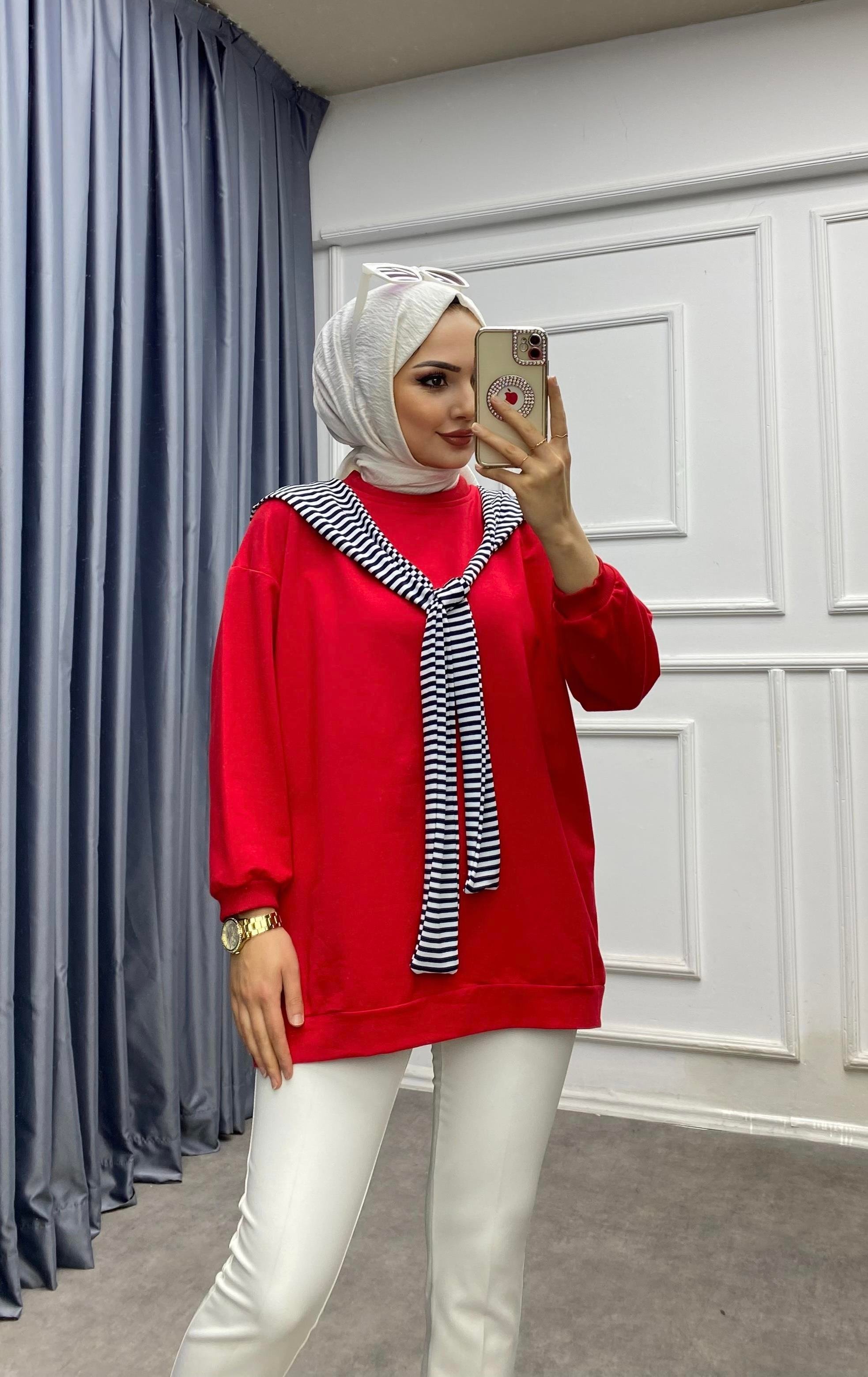 Omuzu Fularlı sweat kırmızı
