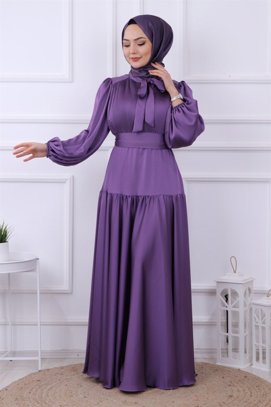 ÖNÜ DRAPELİ BALON KOL ELBİSE MOR