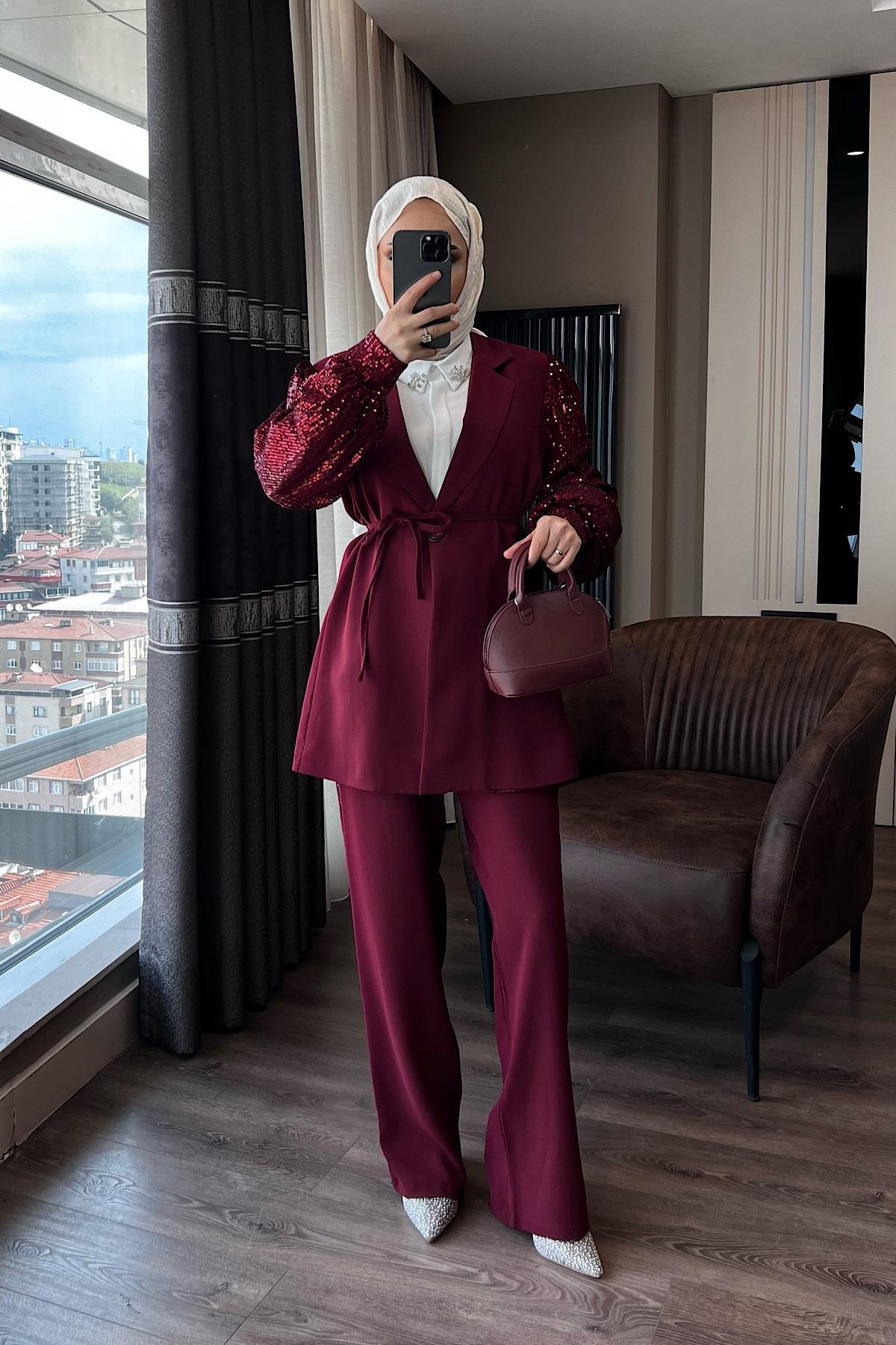 Payet detaylı ikili takım bordo