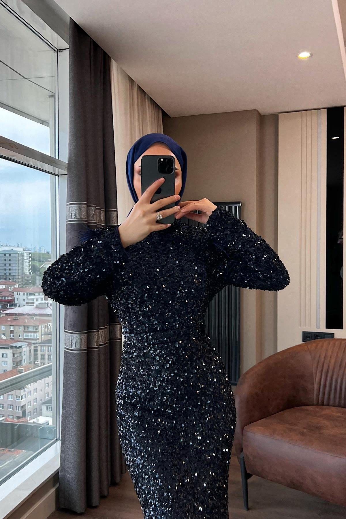 Payetli Balık abiye Lacivert 